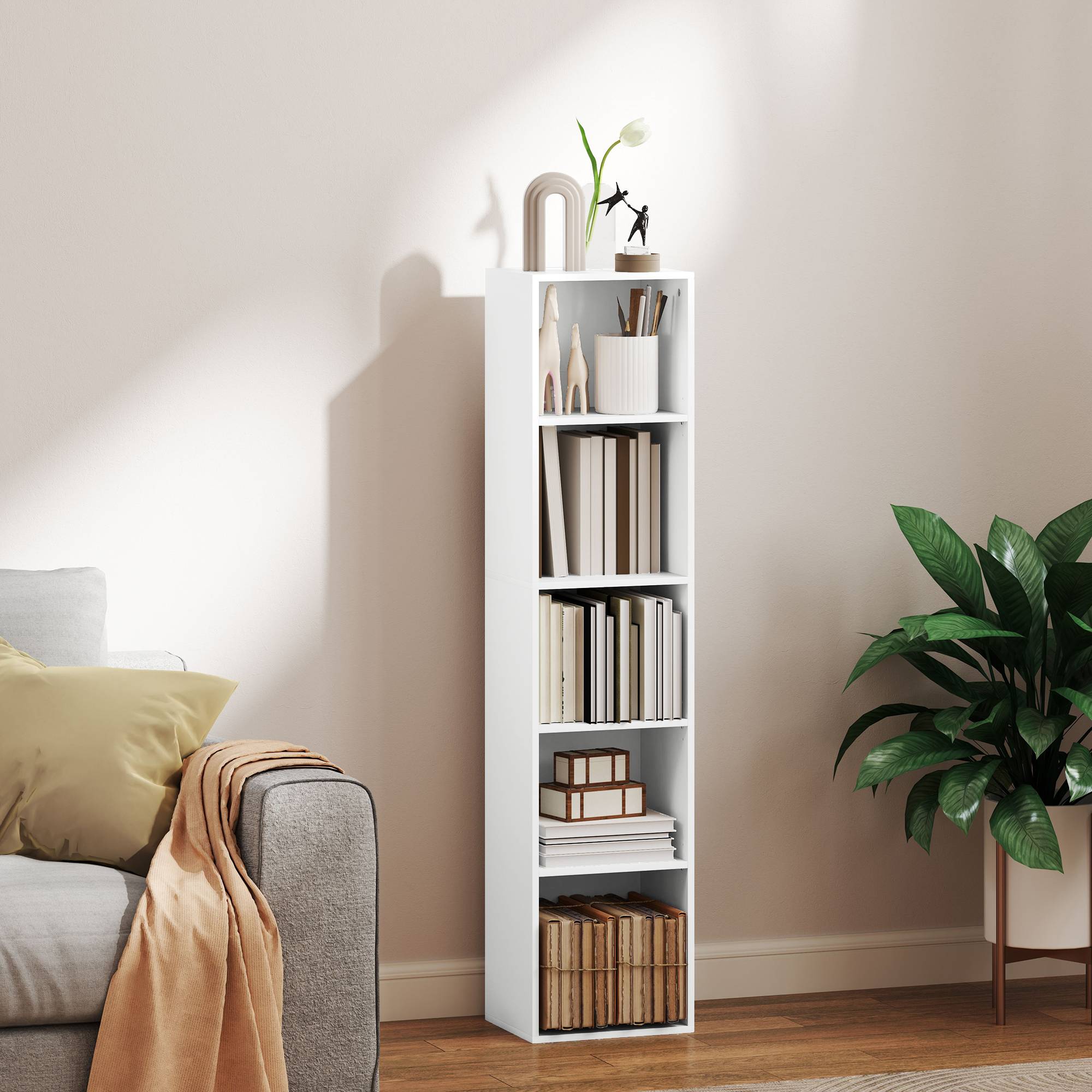 Bibliothèque, 5 compartiments, étagères réglables, bois, 30 x 24 x 133,5 cm, blanche - Image 3