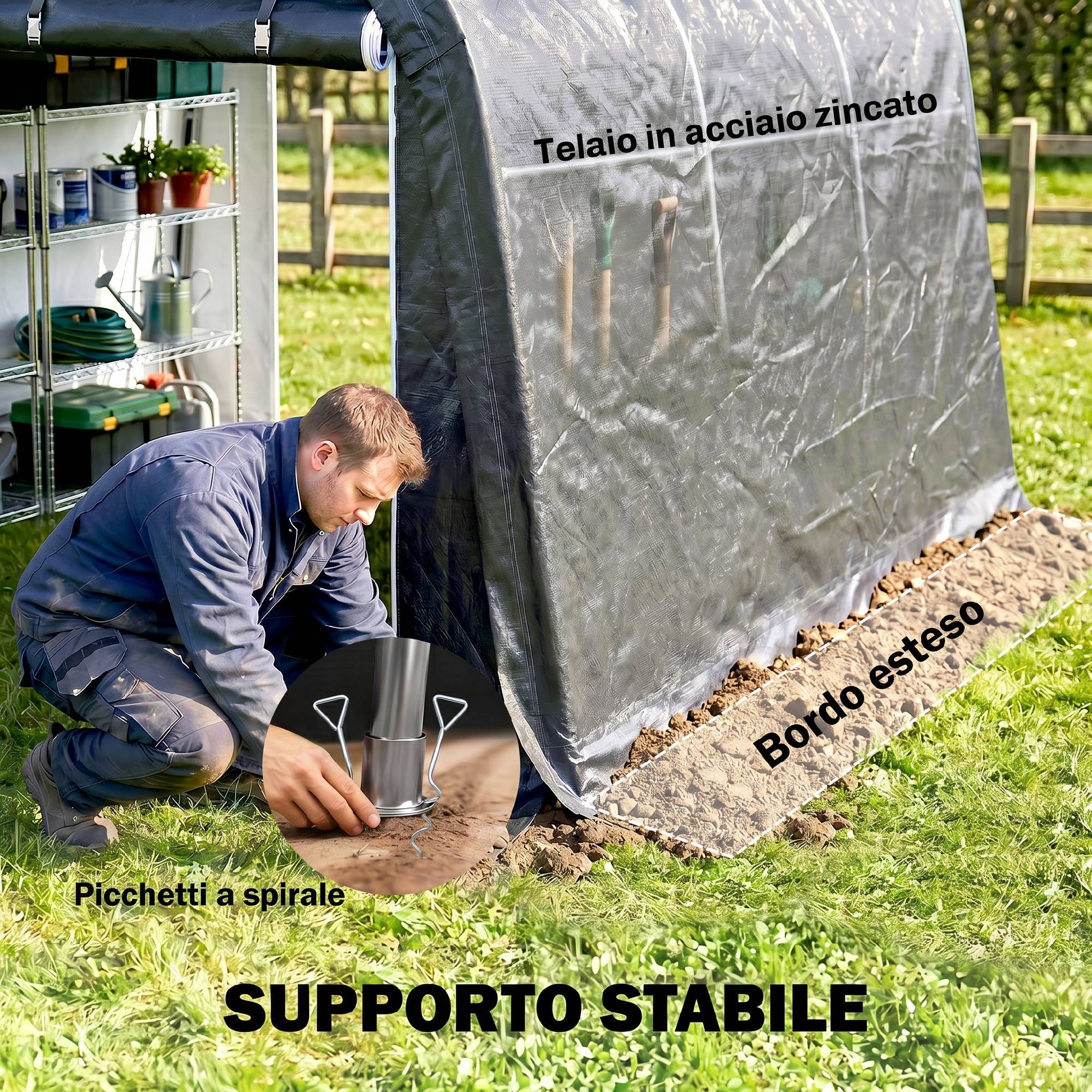 Tente de jardin pour moto, vélo et outils avec 2 entrées à zip, acier et PE, 300x300x235cm, gris - Image 7