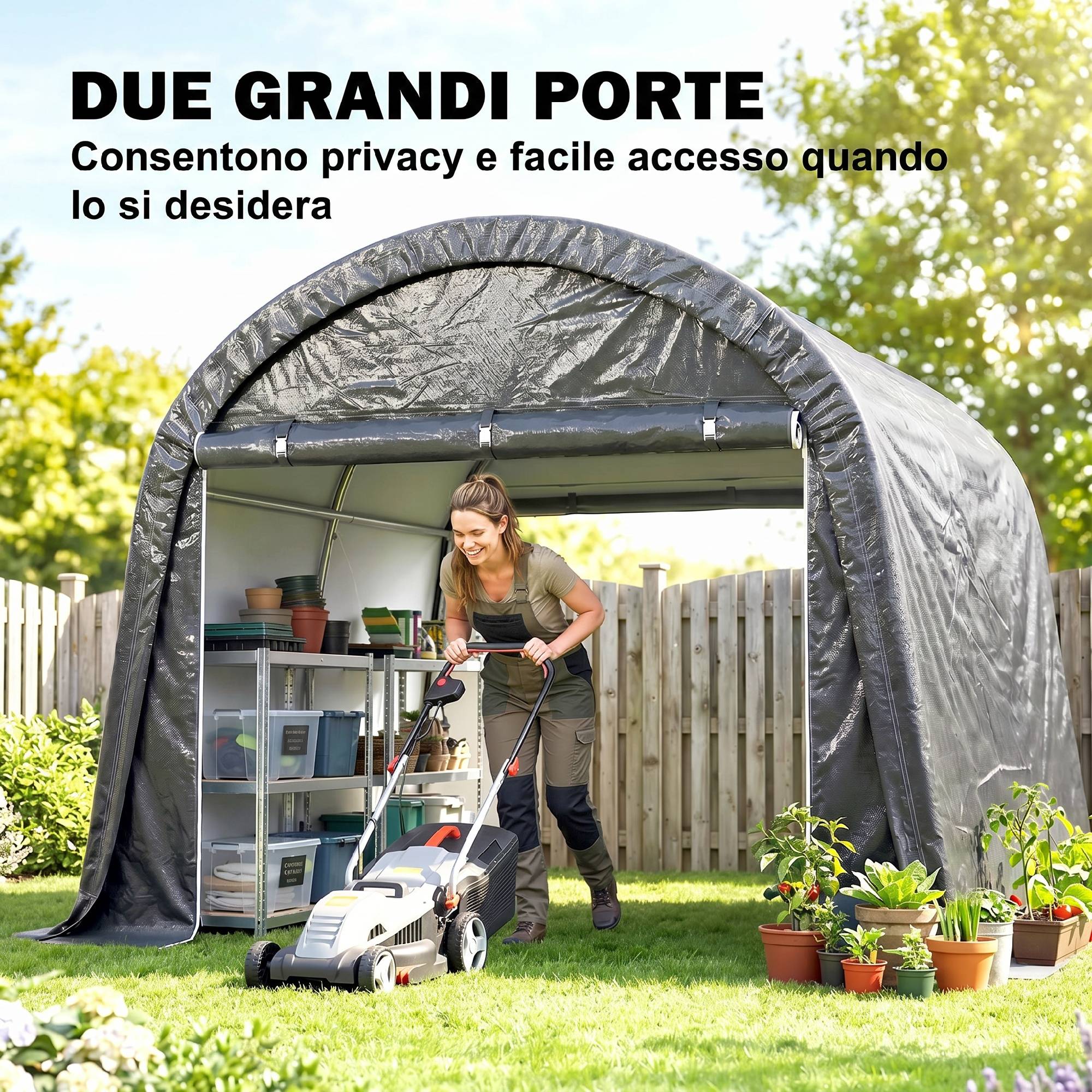 Tente de jardin pour moto, vélo et outils avec 2 entrées à zip, acier et PE, 300x300x235cm, gris - Image 8
