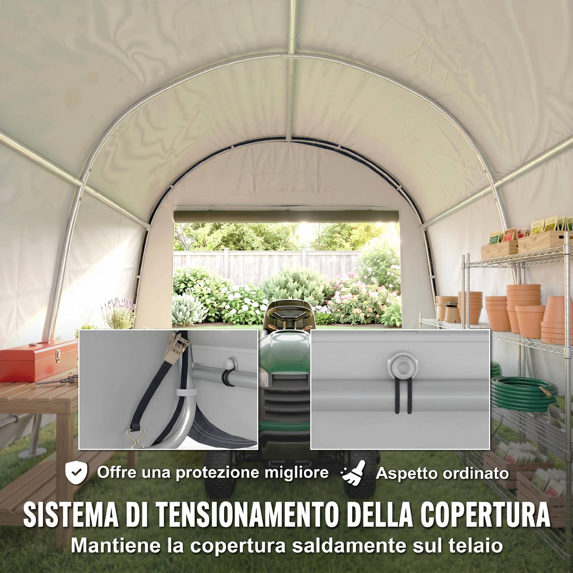 Tente de jardin pour moto, vélo et outils avec 2 entrées à zip, acier et PE, 300x300x235cm, gris - Image 9