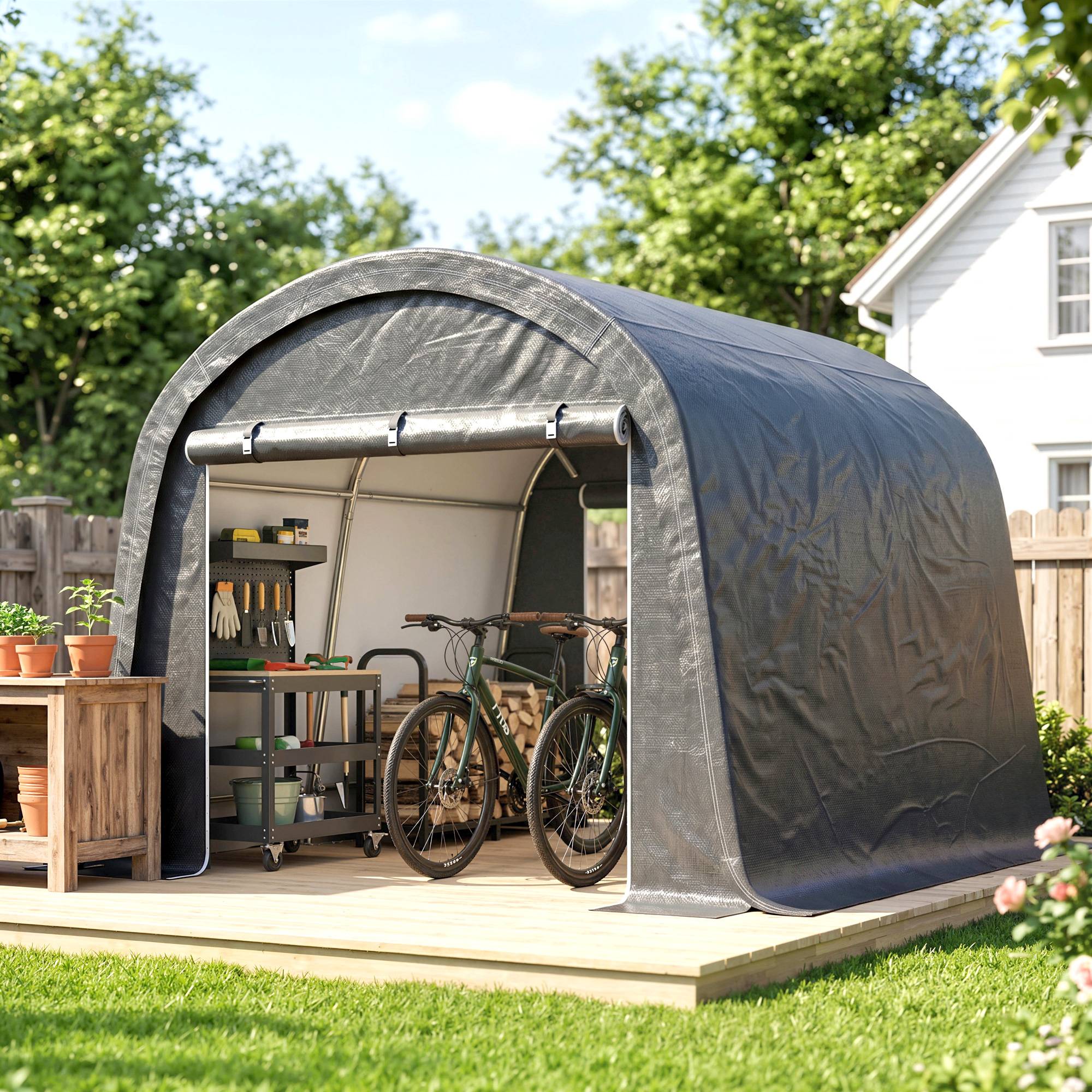Tente de jardin pour moto, vélo et outils avec 2 entrées à zip, acier et PE, 300x300x235cm, gris - Image 10