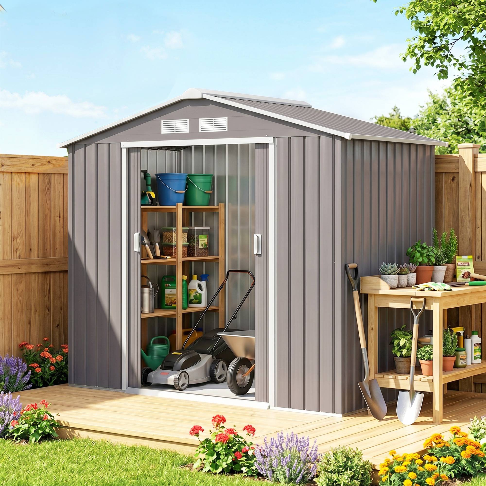 Abri de jardin 213 x 130 x 185 cm, abri de rangement extérieur en métal gris - Image 3