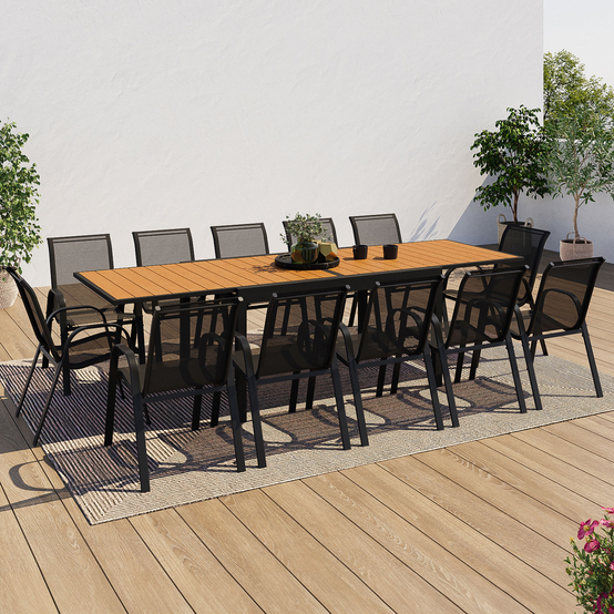 Salon de jardin POLY table extensible 135-270 CM et 12 chaises bois et noir - Image 1