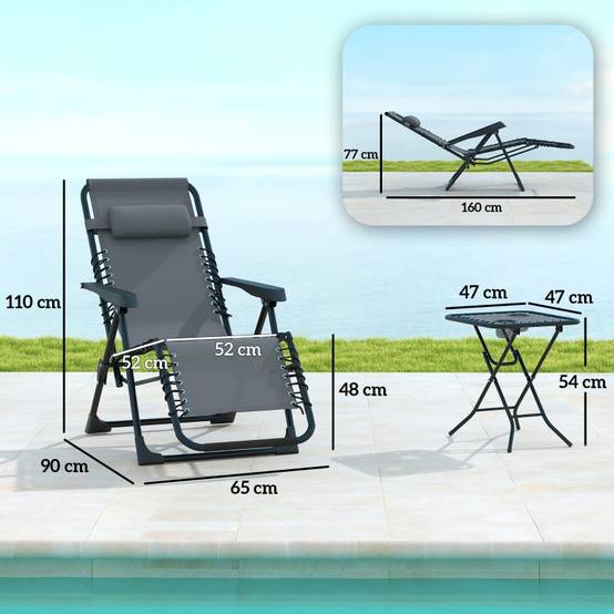 Lot 2 Transats Extérieur Métal Textilène Zéro Gravité Pliable avec Table Gris - ComfortXL Outdoor Living - Image 3