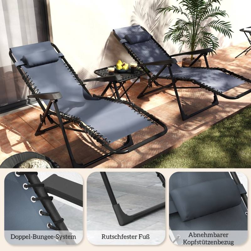 Lot 2 Transats Extérieur Métal Textilène Zéro Gravité Pliable avec Table Gris - ComfortXL Outdoor Living - Image 8