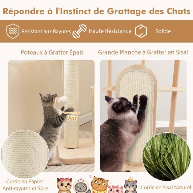 Helloshop26 - Arbre à chat en bois pour chats tour à chat moderne à plusieurs niveaux planche à gratter poteau en sisal perchoir 112 cm rembourré - Image 3