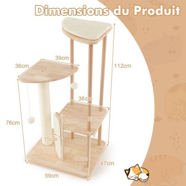 Helloshop26 - Arbre à chat en bois pour chats tour à chat moderne à plusieurs niveaux planche à gratter poteau en sisal perchoir 112 cm rembourré - Image 4