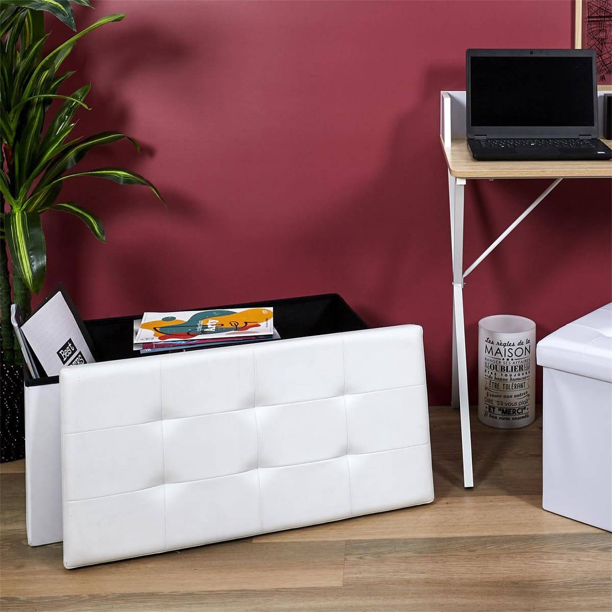 Banc Coffre Pliable Simili Cuir Blanc Capitonné - RONNY - Image 5
