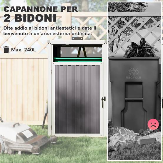 Cache-poubelles 2 sections avec couvercle relevable, en acier galvanisé, 146x81x122cm, gris foncé - Image 6