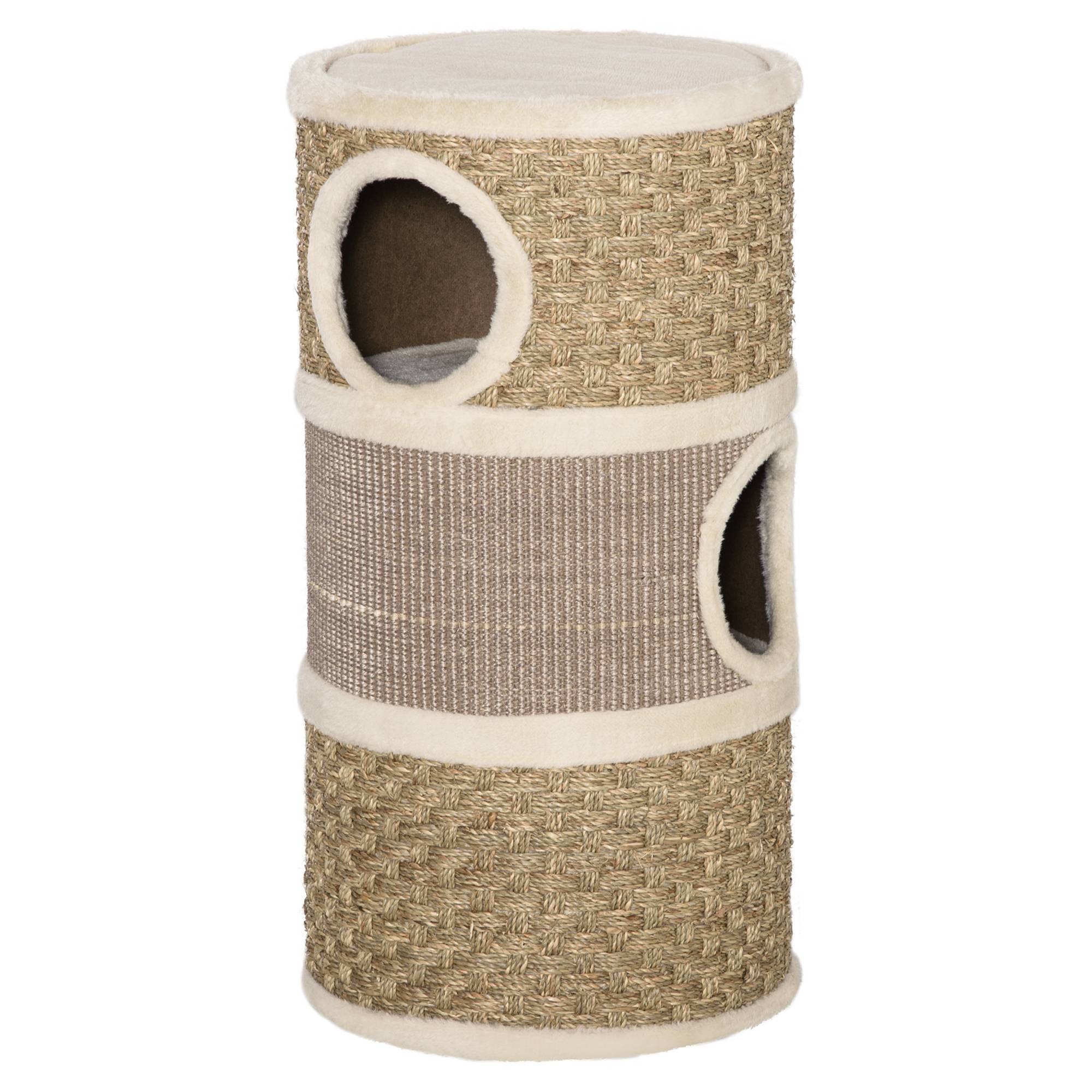 Sans Marque - Tonneau 70 cm, Ø37,5 cm, 3 étages sisal, cabane peluche, grand chat, Kaki+Café - Image 2
