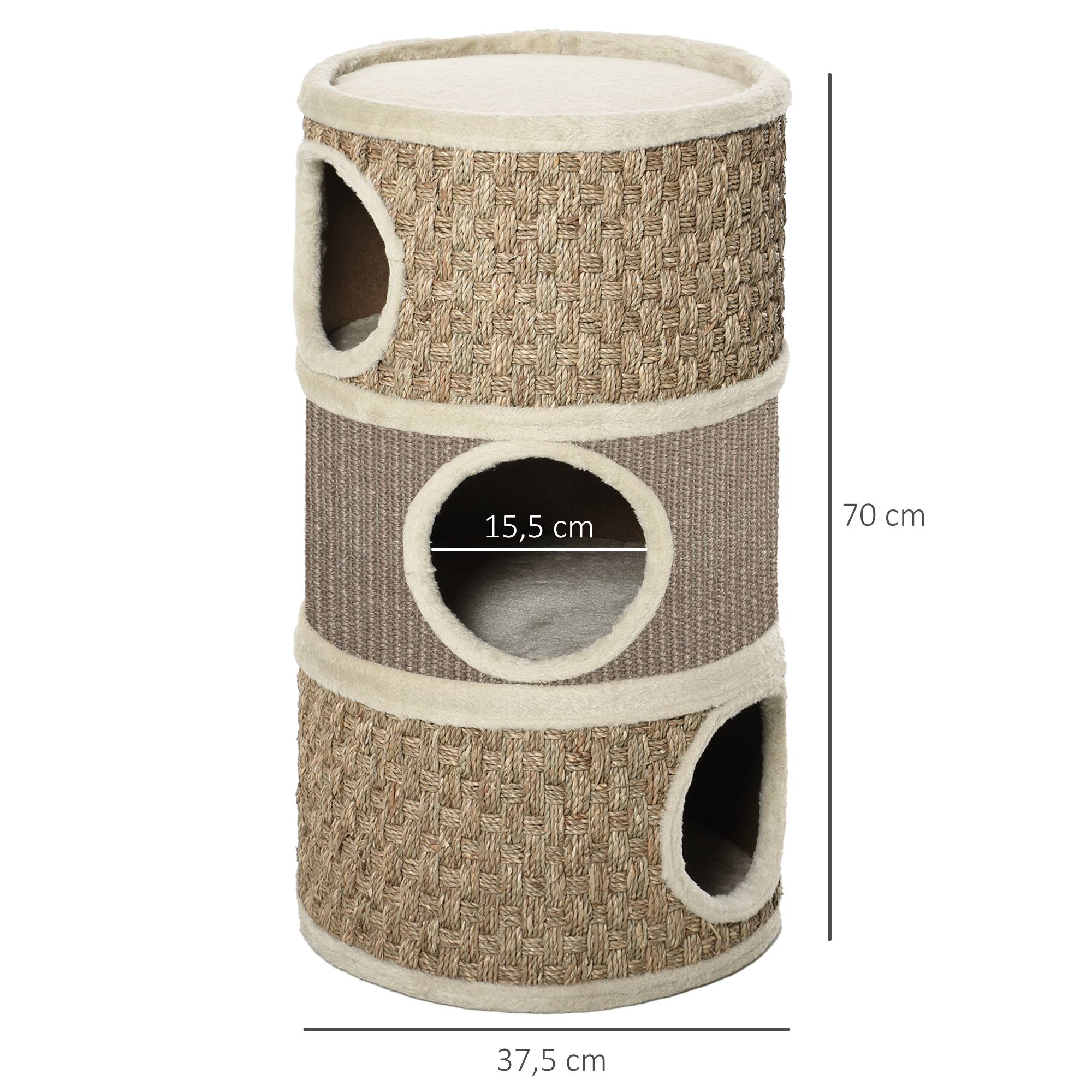 Sans Marque - Tonneau 70 cm, Ø37,5 cm, 3 étages sisal, cabane peluche, grand chat, Kaki+Café - Image 5