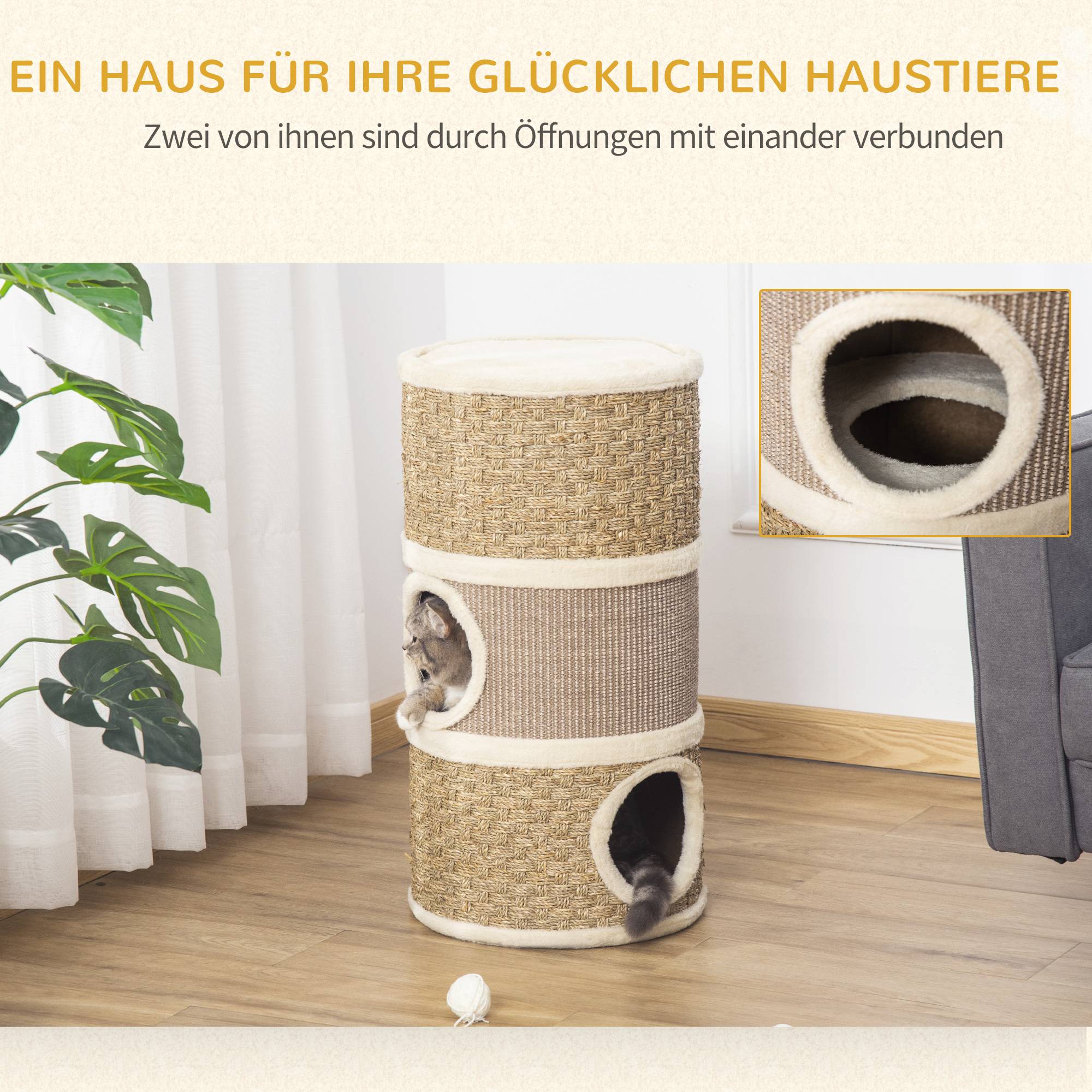 Sans Marque - Tonneau 70 cm, Ø37,5 cm, 3 étages sisal, cabane peluche, grand chat, Kaki+Café - Image 6