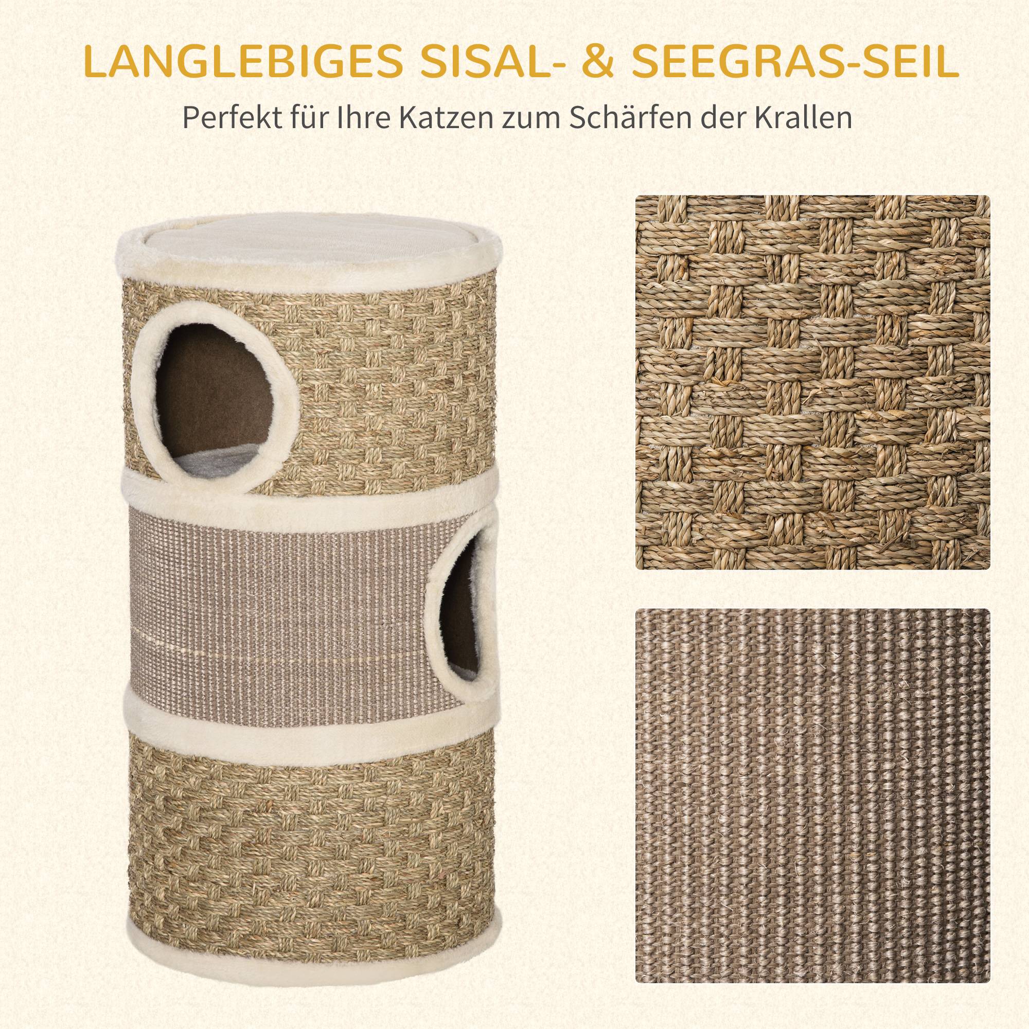 Sans Marque - Tonneau 70 cm, Ø37,5 cm, 3 étages sisal, cabane peluche, grand chat, Kaki+Café - Image 8