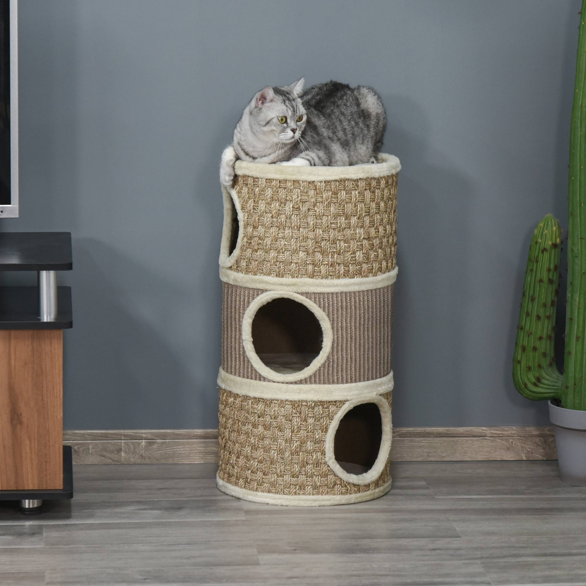 Sans Marque - Tonneau 70 cm, Ø37,5 cm, 3 étages sisal, cabane peluche, grand chat, Kaki+Café - Image 3