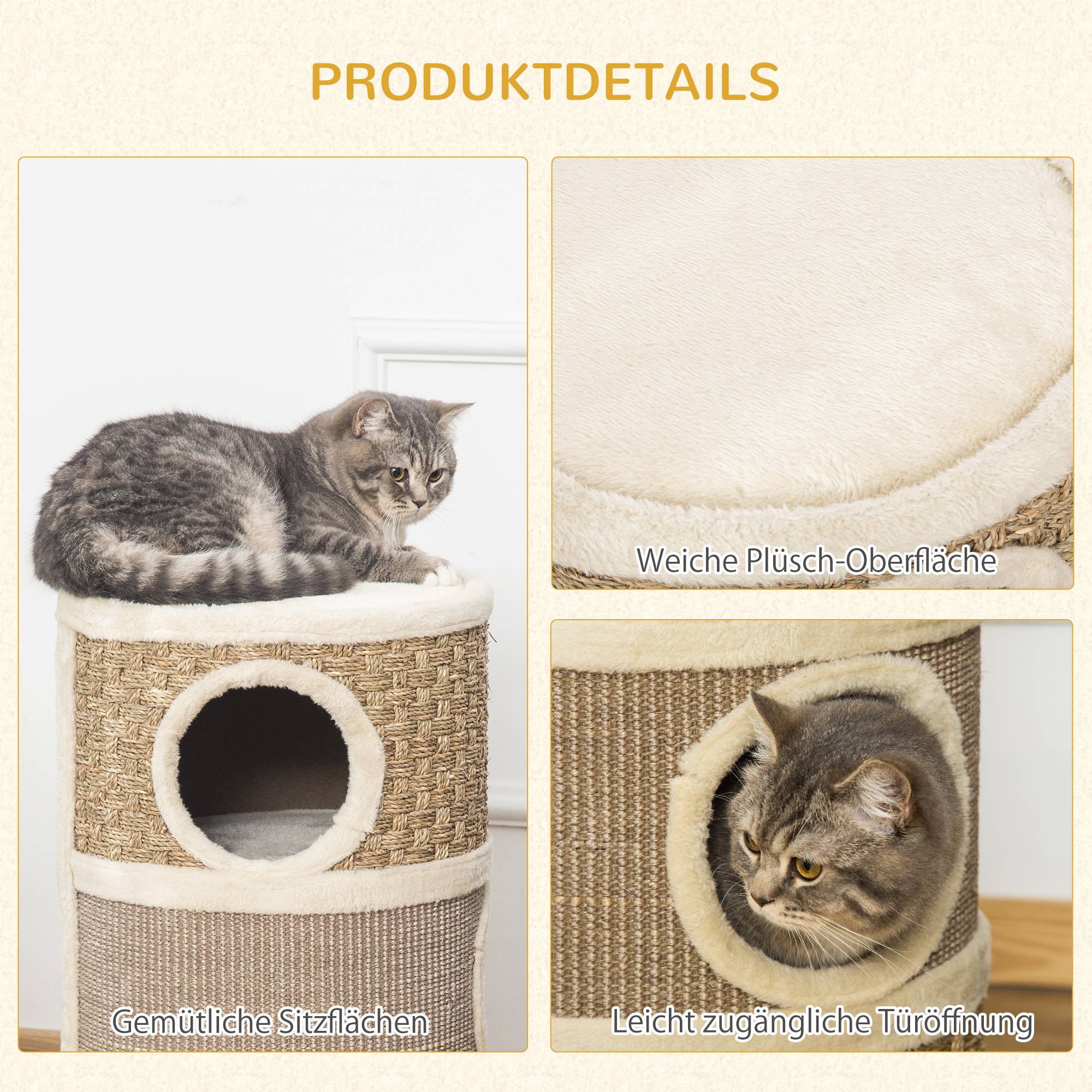 Sans Marque - Tonneau 70 cm, Ø37,5 cm, 3 étages sisal, cabane peluche, grand chat, Kaki+Café - Image 7