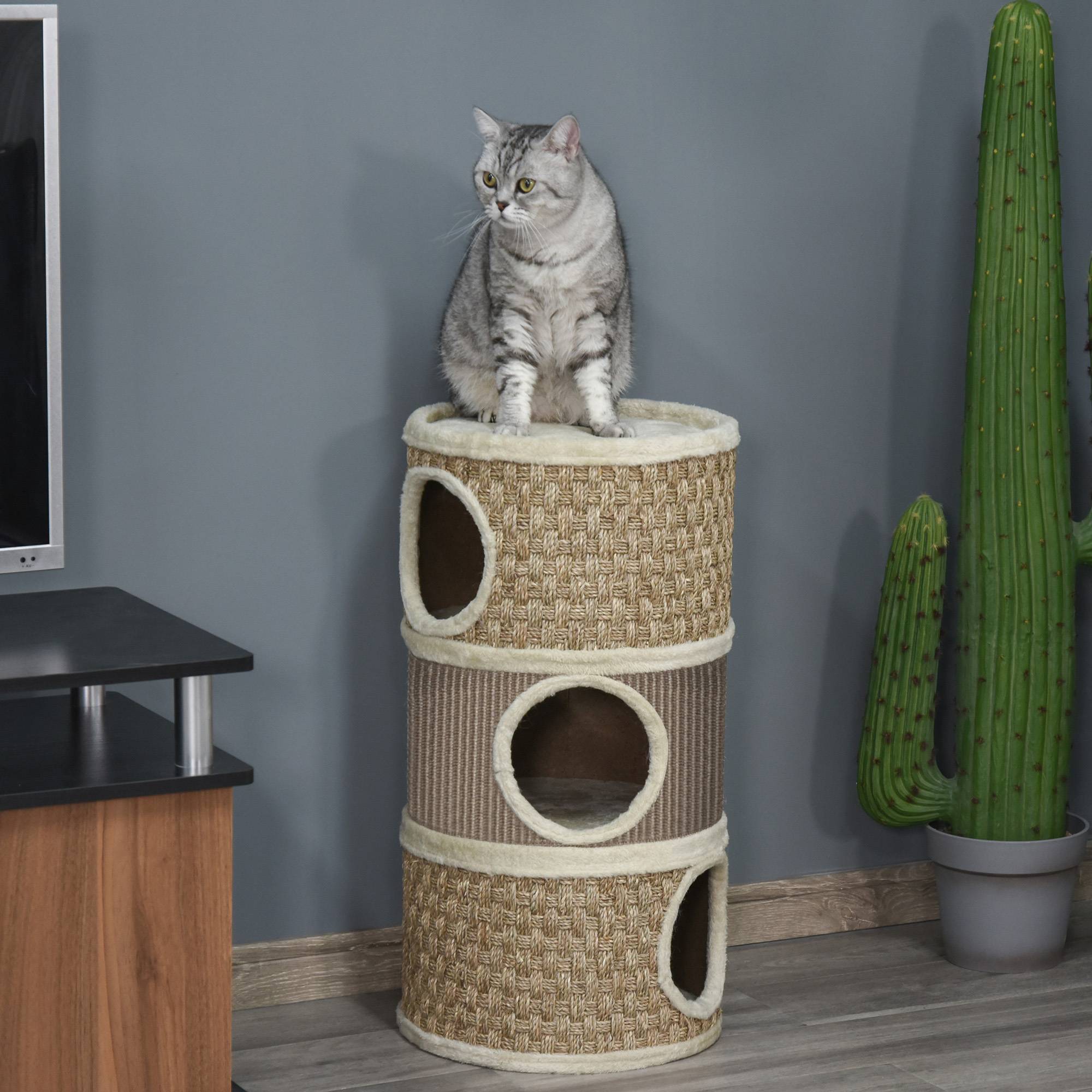 Sans Marque - Tonneau 70 cm, Ø37,5 cm, 3 étages sisal, cabane peluche, grand chat, Kaki+Café - Image 4