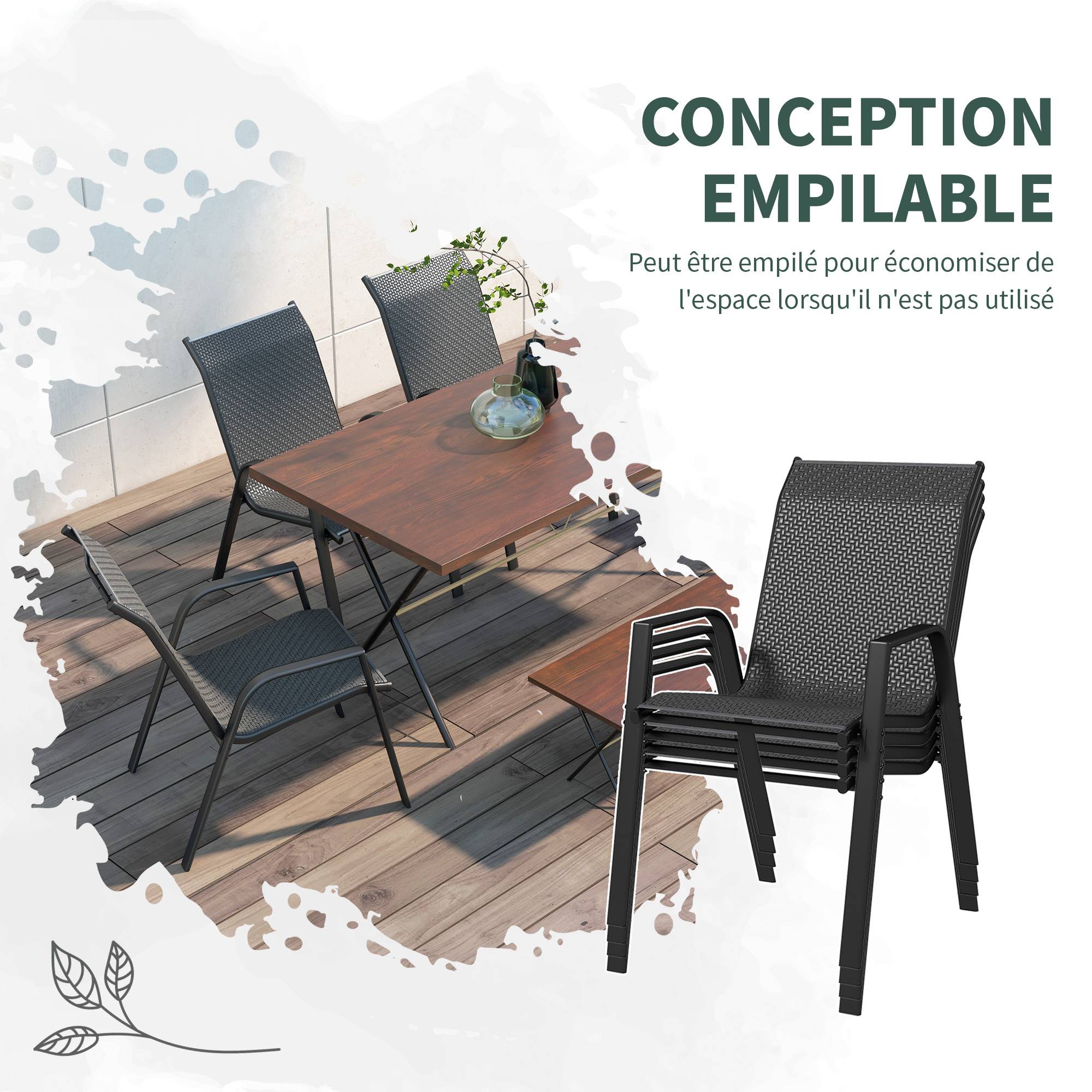 Lot de 4 chaises de jardin empilables en acier et résine tressée avec accoudoirs pour terrasse gris - ComfortXL Outdoor Living - Image 7