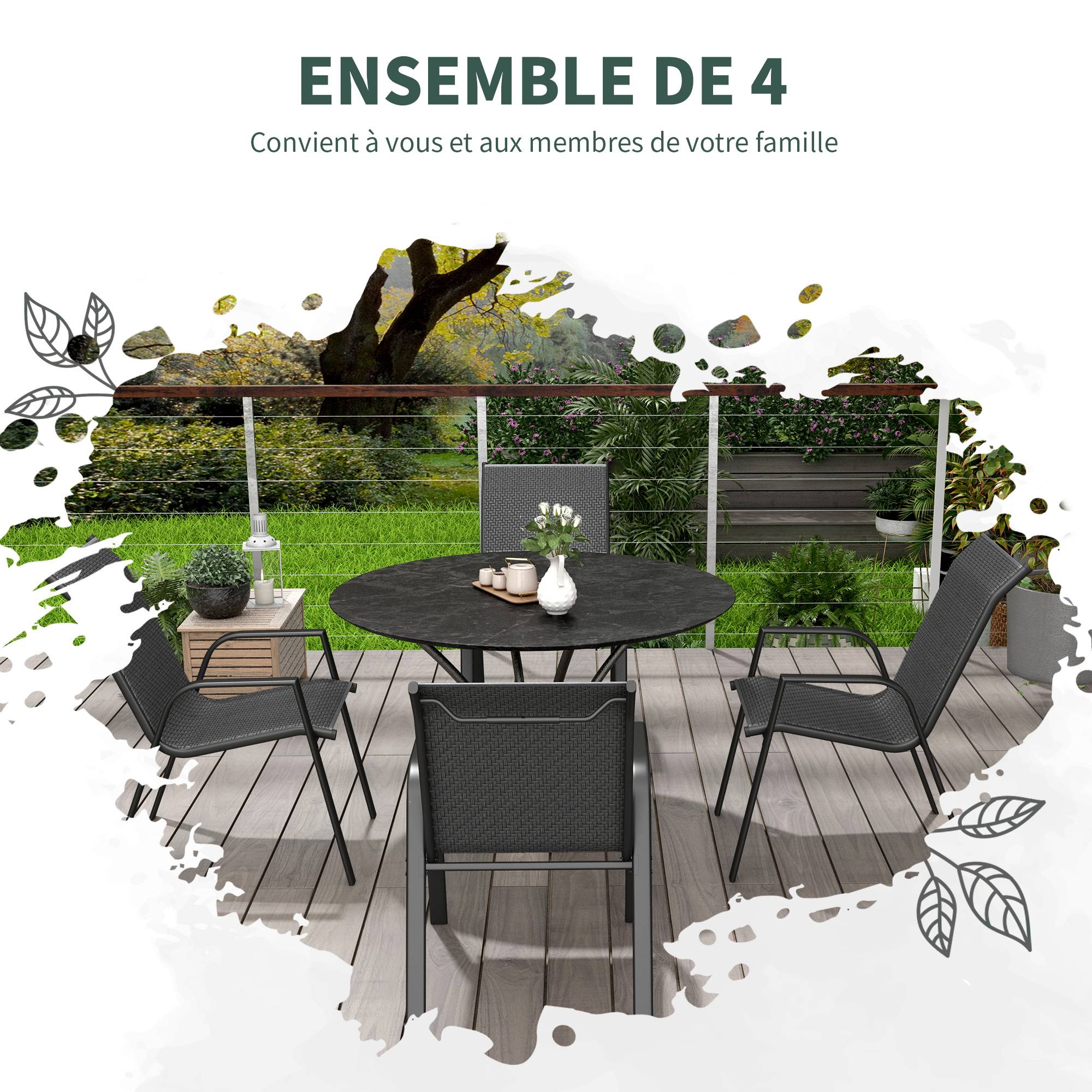 Lot de 4 chaises de jardin empilables en acier et résine tressée avec accoudoirs pour terrasse gris - ComfortXL Outdoor Living - Image 6
