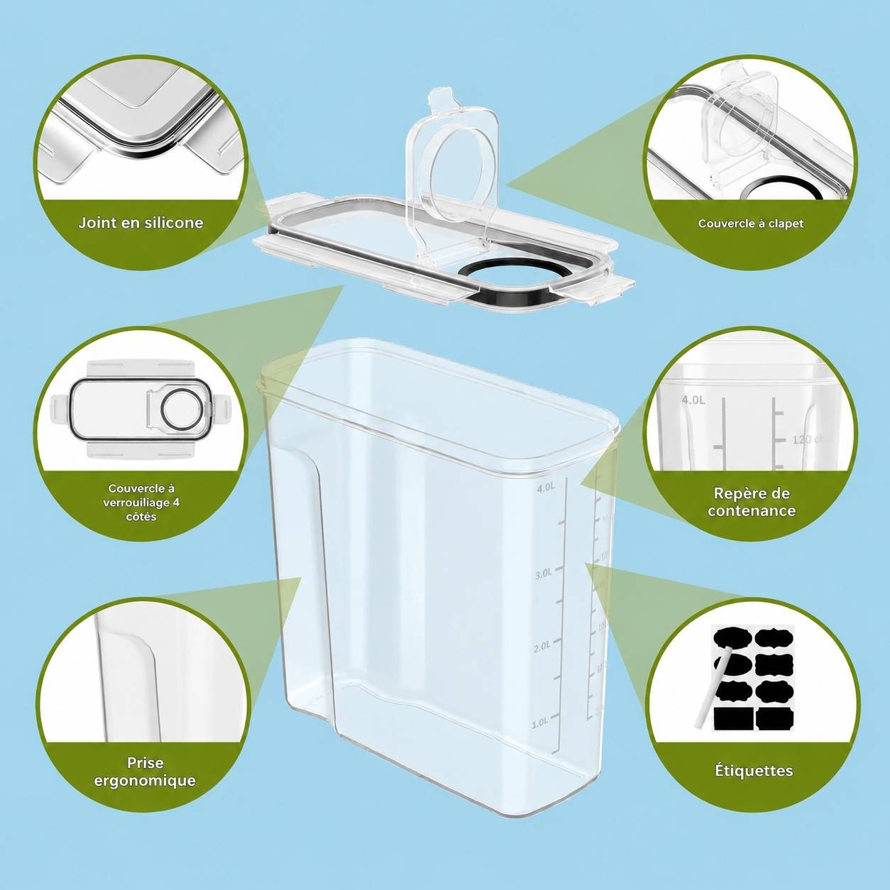 Boîtes de Rangement Alimentaire Plastique Lot de 4 avec Contenant 4L pour Céréales Pâtes Farine - Image 3
