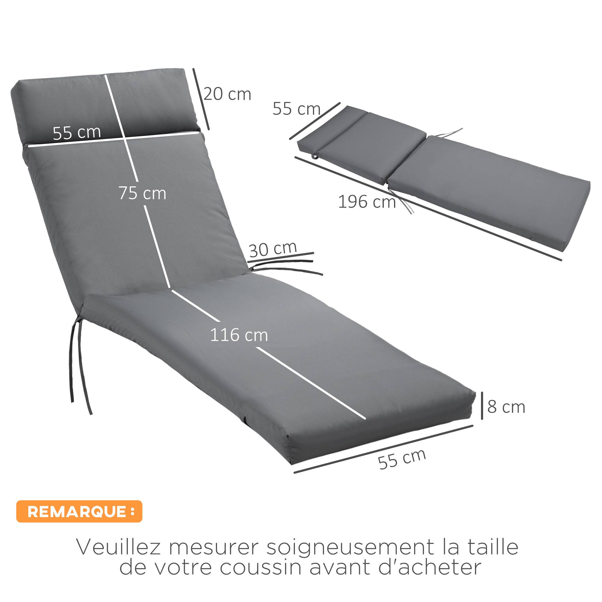 Coussin bain de soleil transat polyester jardin terrasse épaisseur 8 cm gris - ComfortXL Outdoor Living - Image 5