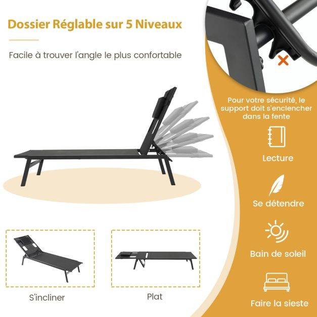 Helloshop26 - Chaise longue d'extérieur en fer avec 1 face et 2 trous latéraux 5 positions de dossier appui-tête amovible 150 kg noir - Image 2