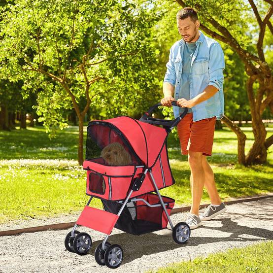 Poussette pour petit chien avec capote réglable, panier de rangement, porte-gobelet et 2 roues universelles, 75 x 45 x 97 cm, rouge - Image 4