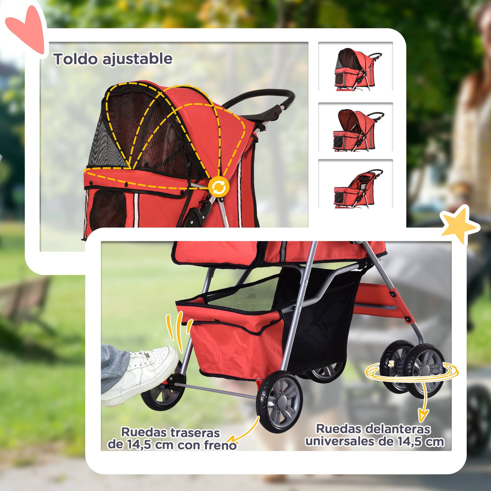 Poussette pour petit chien avec capote réglable, panier de rangement, porte-gobelet et 2 roues universelles, 75 x 45 x 97 cm, rouge - Image 8