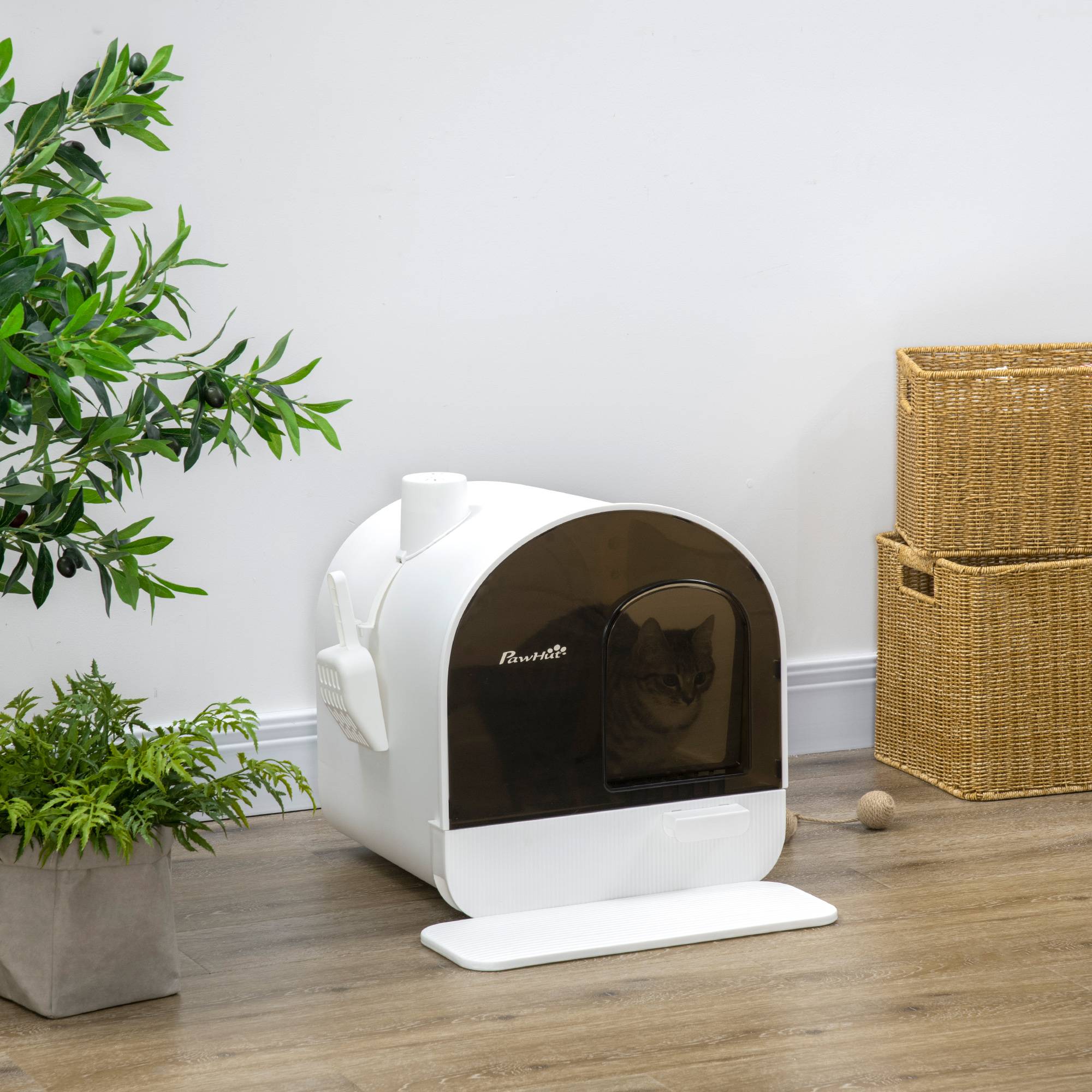 Bac à litière blanc pour chat fermé 43x44x47 cm avec plateau amovible, pelle et filtre, accessoire design sobre pour intérieur pratique et discret - Image 3