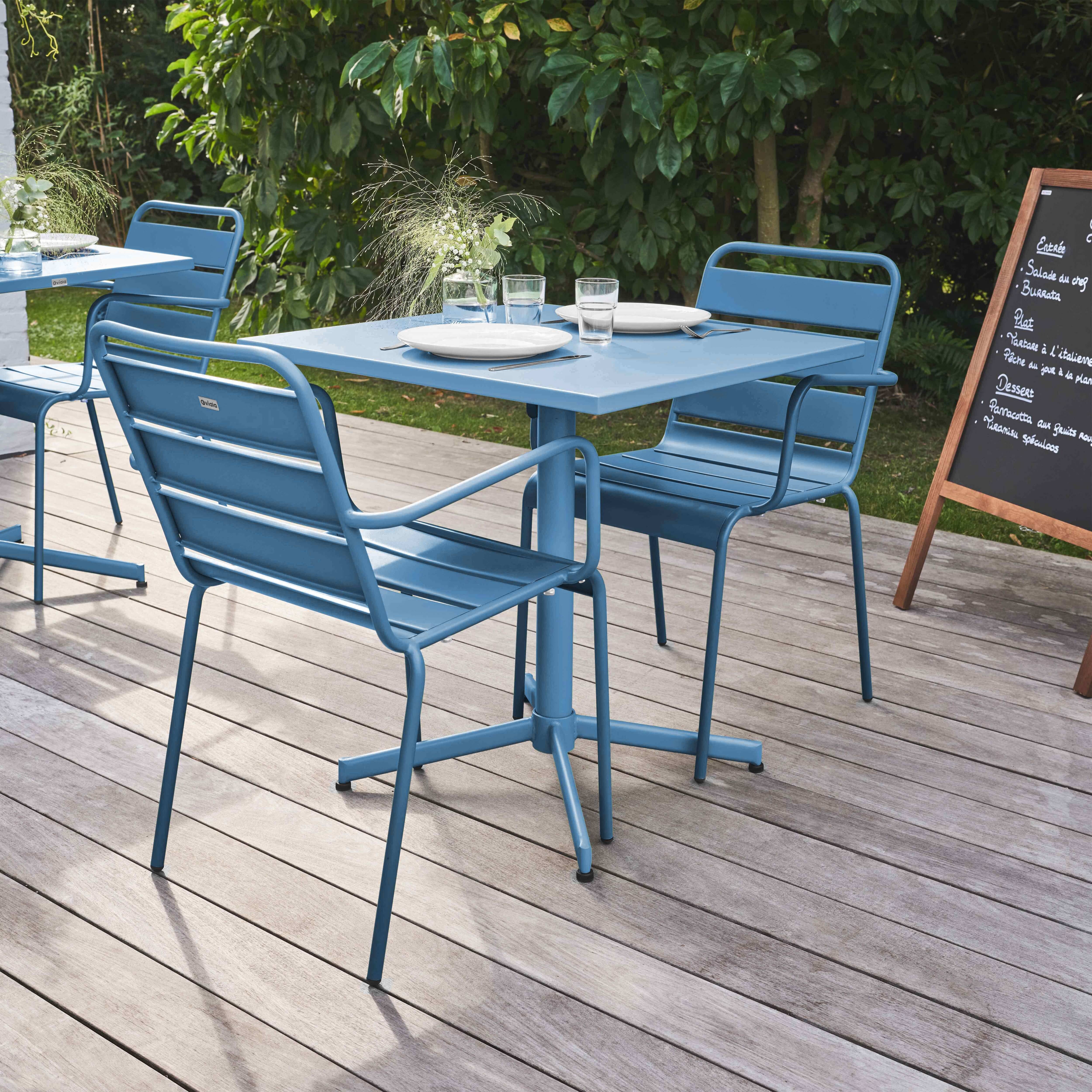 Oviala - Ensemble table de jardin carrée et 2 fauteuils métal bleu pacific Palavas - Oviala - Image 3