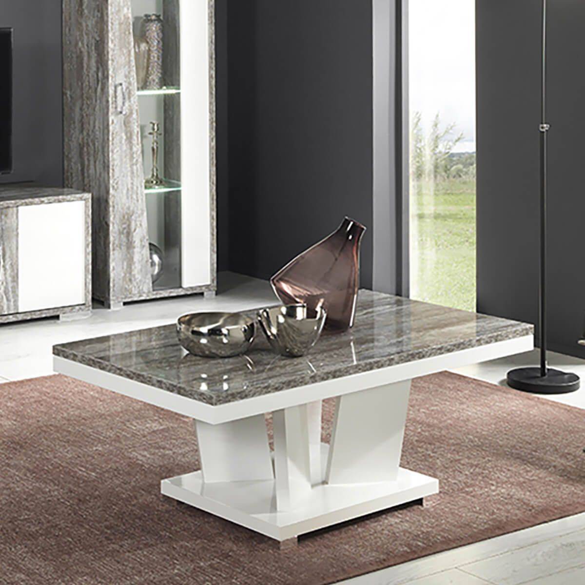 Table basse de style baroque en bois laqué blanc avec marbre noir
