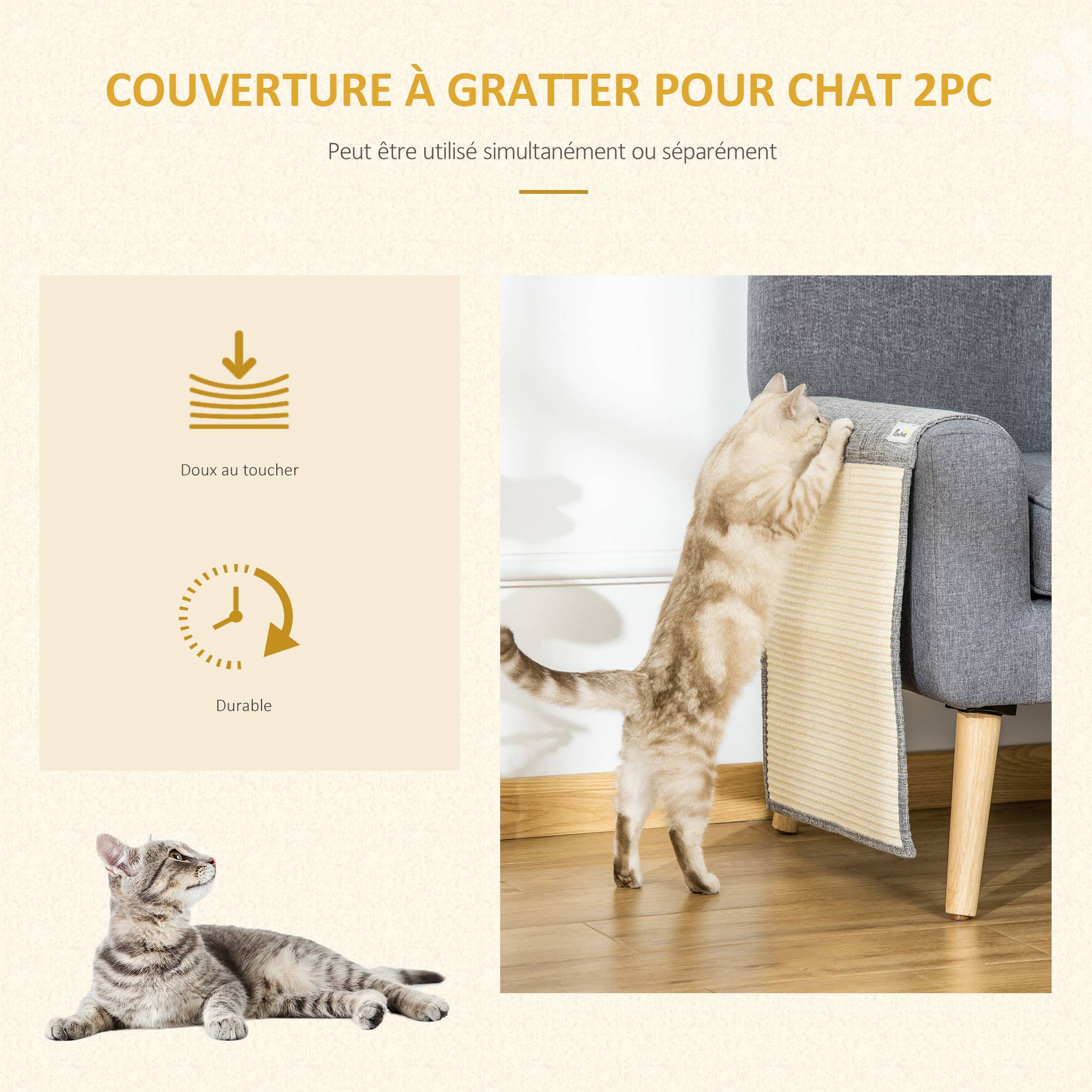 Pawhut - Lot de 2 tapis griffoir chat grattoir chat en sisal grattoir de canapé, sol ou mur dim. 130L x 45l cm gris - Image 4