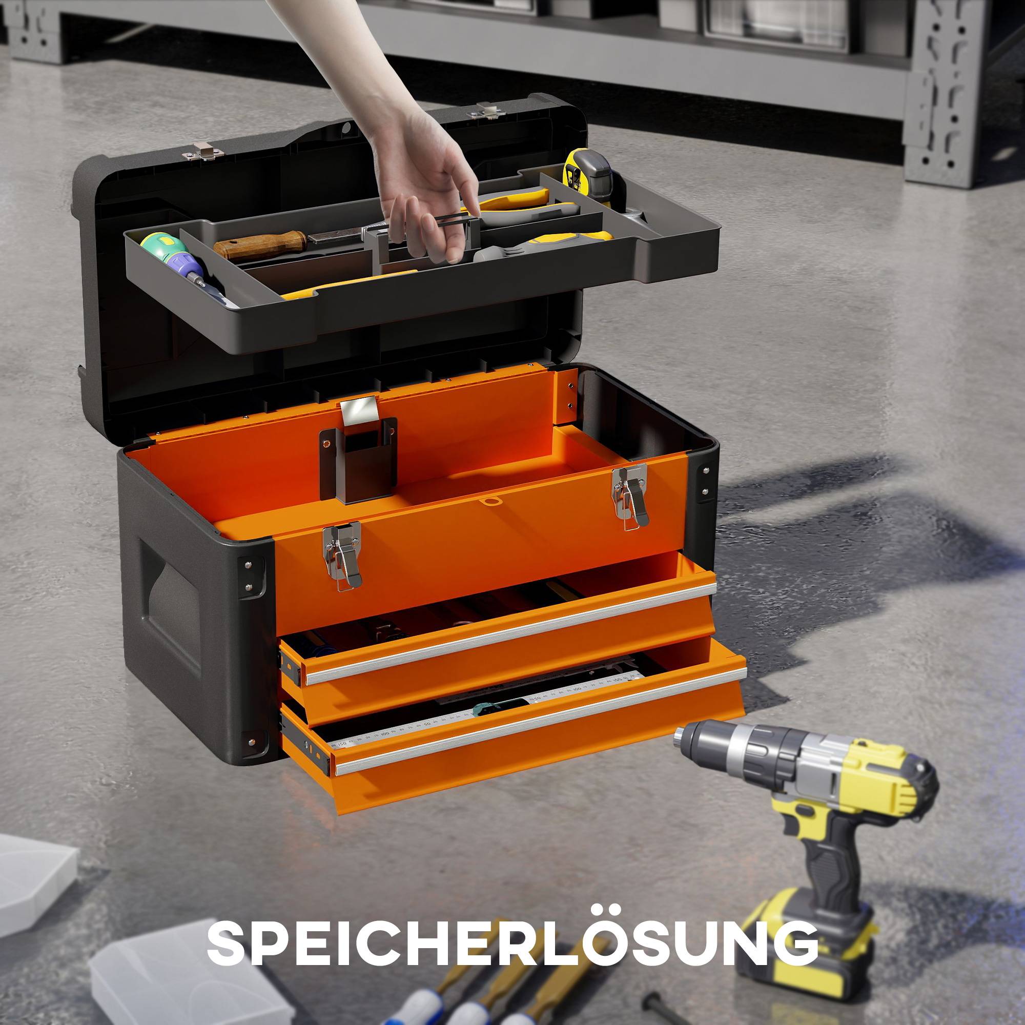 Sans Marque - Boîte à outils vide, 49,7 x 25,3 x 28,9 cm, boîte à outils avec tiroir, mini boîte en acier orange - Image 6