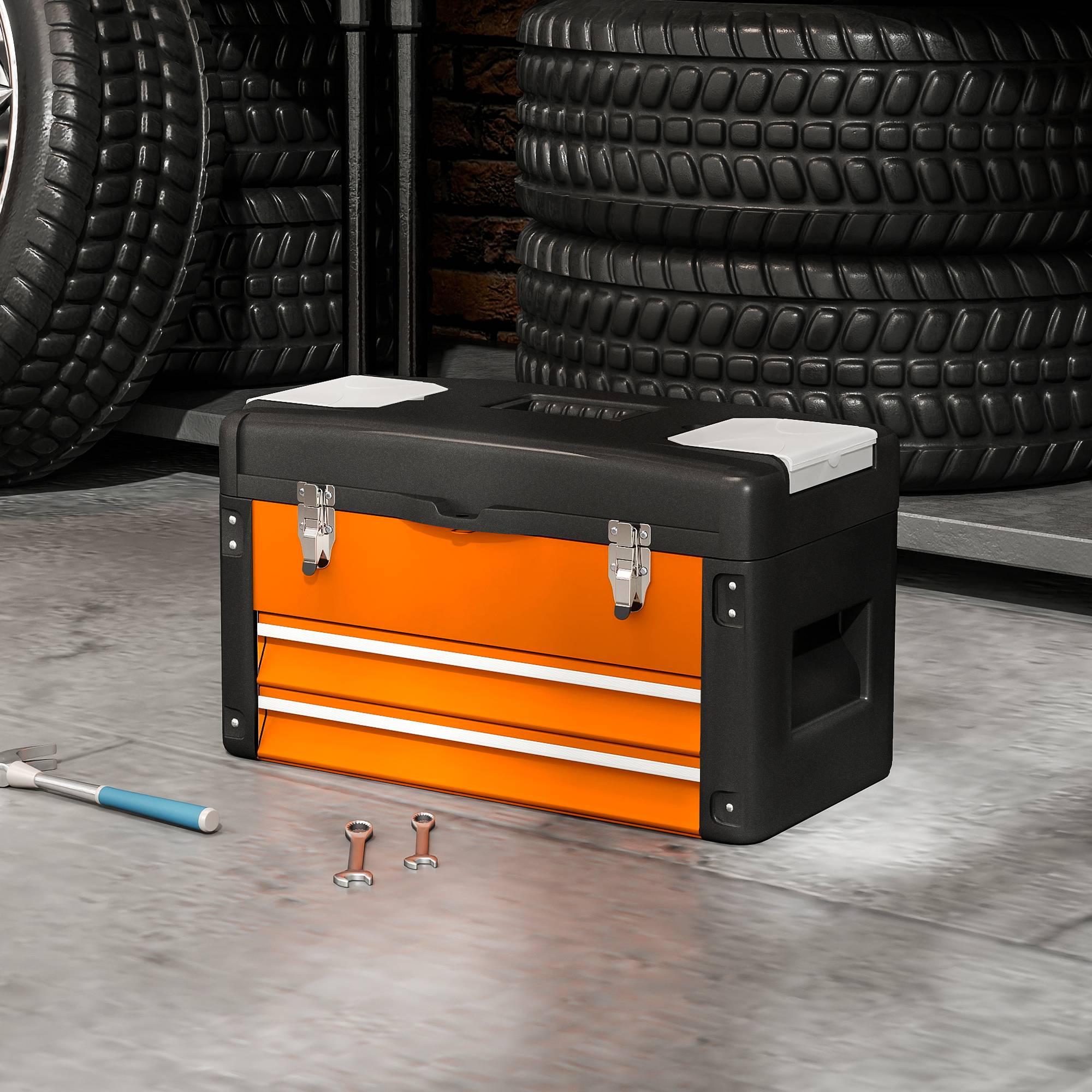 Sans Marque - Boîte à outils vide, 49,7 x 25,3 x 28,9 cm, boîte à outils avec tiroir, mini boîte en acier orange - Image 4