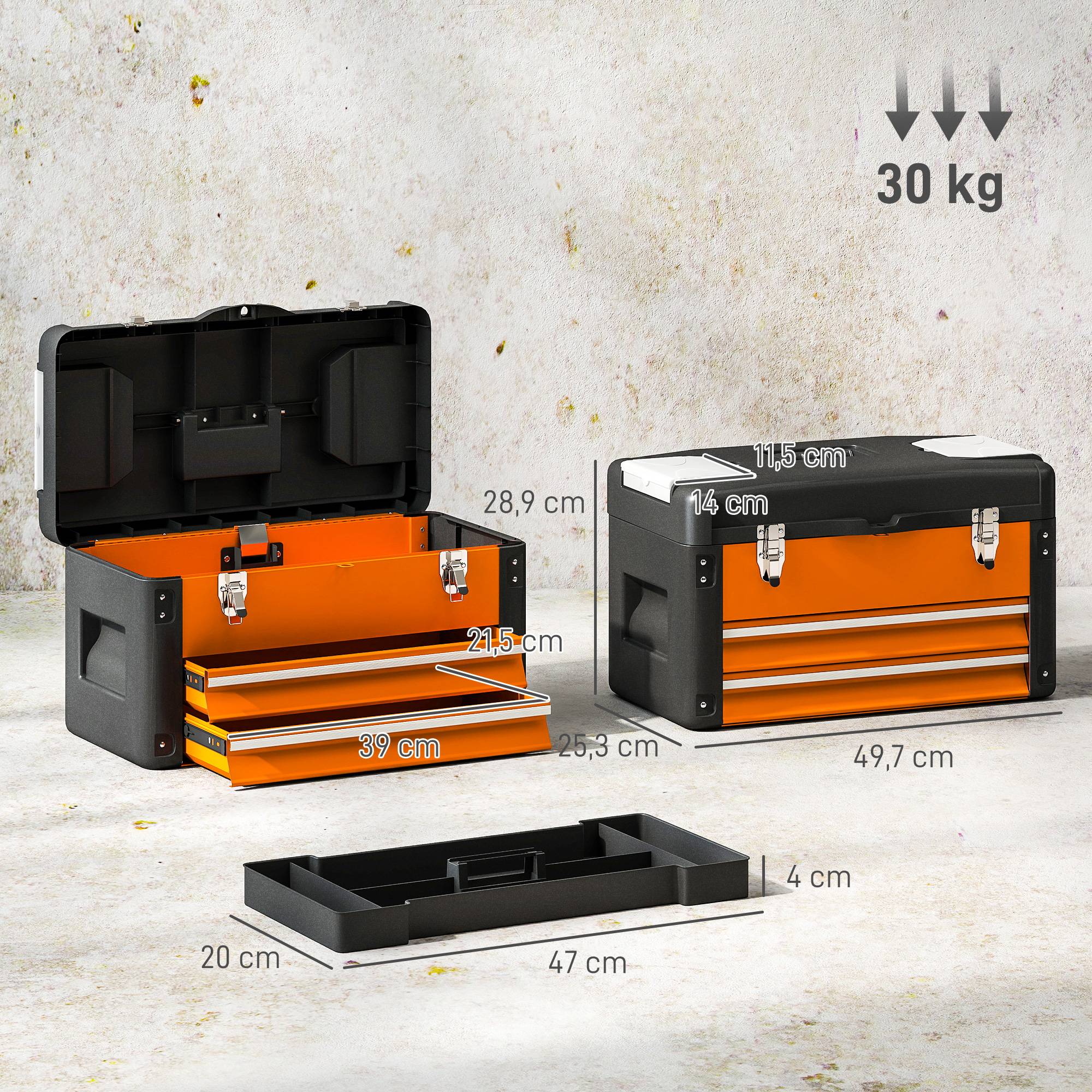 Sans Marque - Boîte à outils vide, 49,7 x 25,3 x 28,9 cm, boîte à outils avec tiroir, mini boîte en acier orange - Image 5