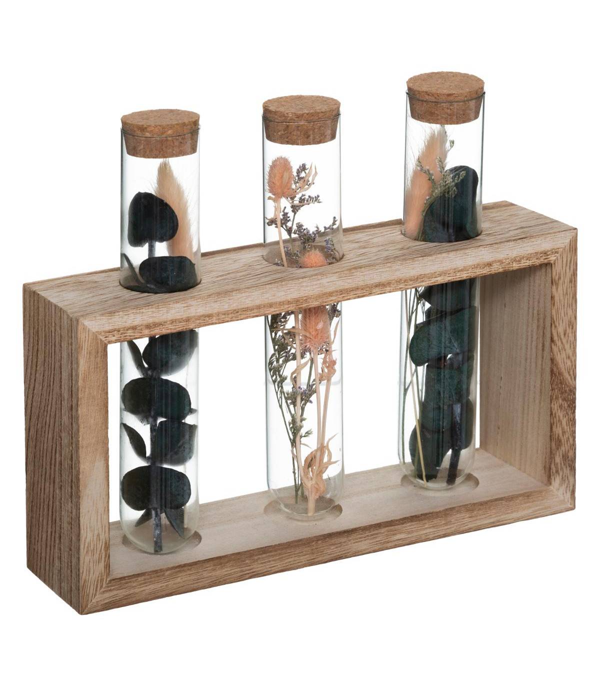 Fleurs séchées dans 3 Tubes en verre Support en Bois L 21 x H 17.2 cm - Image 1
