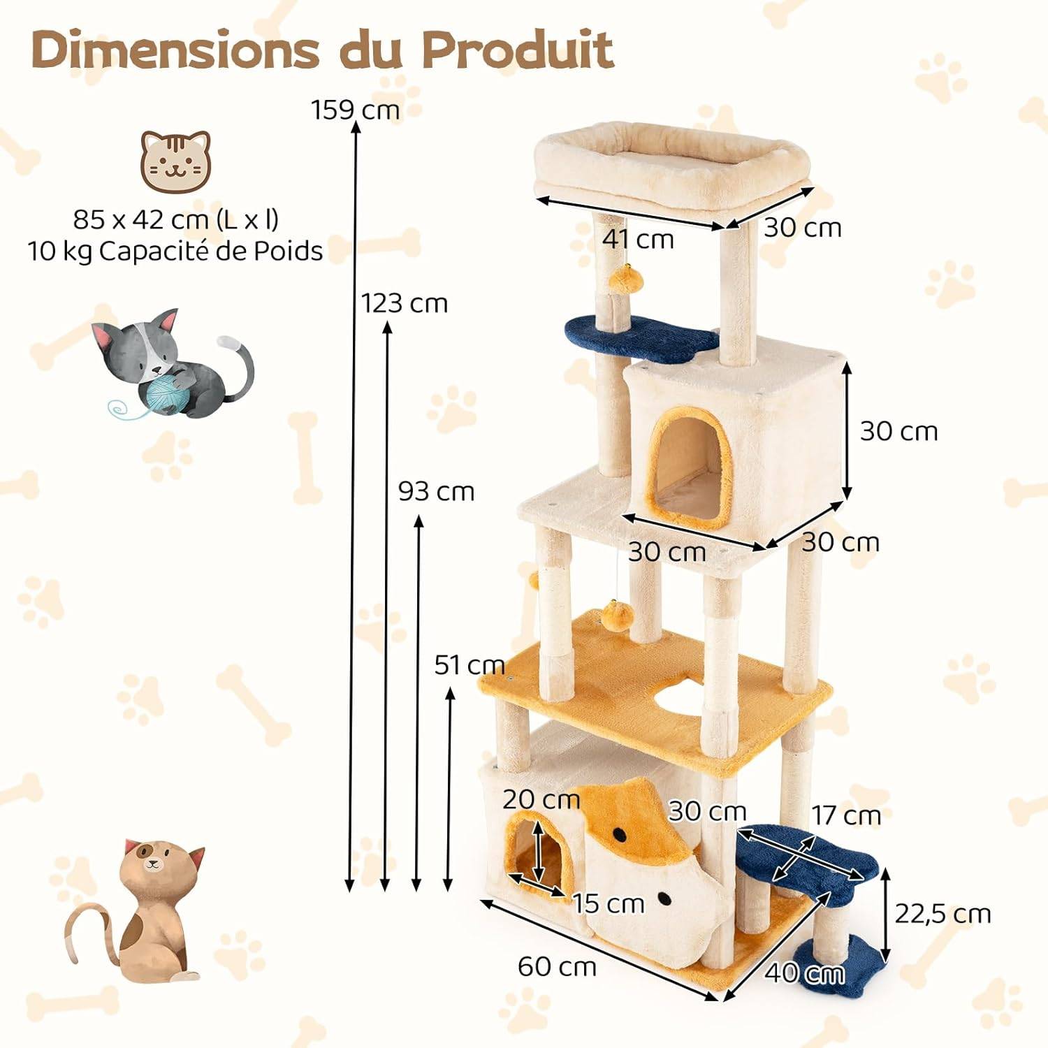 Arbre à Chat XXL 159 cm, 2 Condos, Poteaux à Griffer en Sisal, 5 Plateformes, Arbre a Chat Design de Poisson, Pompon Suspendu, Tour pour Chaton à 6 Ni - Image 4