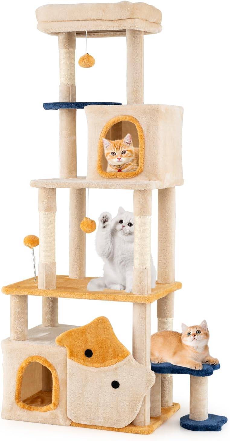 Arbre à Chat XXL 159 cm, 2 Condos, Poteaux à Griffer en Sisal, 5 Plateformes, Arbre a Chat Design de Poisson, Pompon Suspendu, Tour pour Chaton à 6 Ni - Image 1