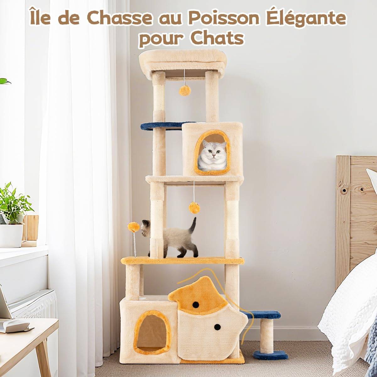 Arbre à Chat XXL 159 cm, 2 Condos, Poteaux à Griffer en Sisal, 5 Plateformes, Arbre a Chat Design de Poisson, Pompon Suspendu, Tour pour Chaton à 6 Ni - Image 3