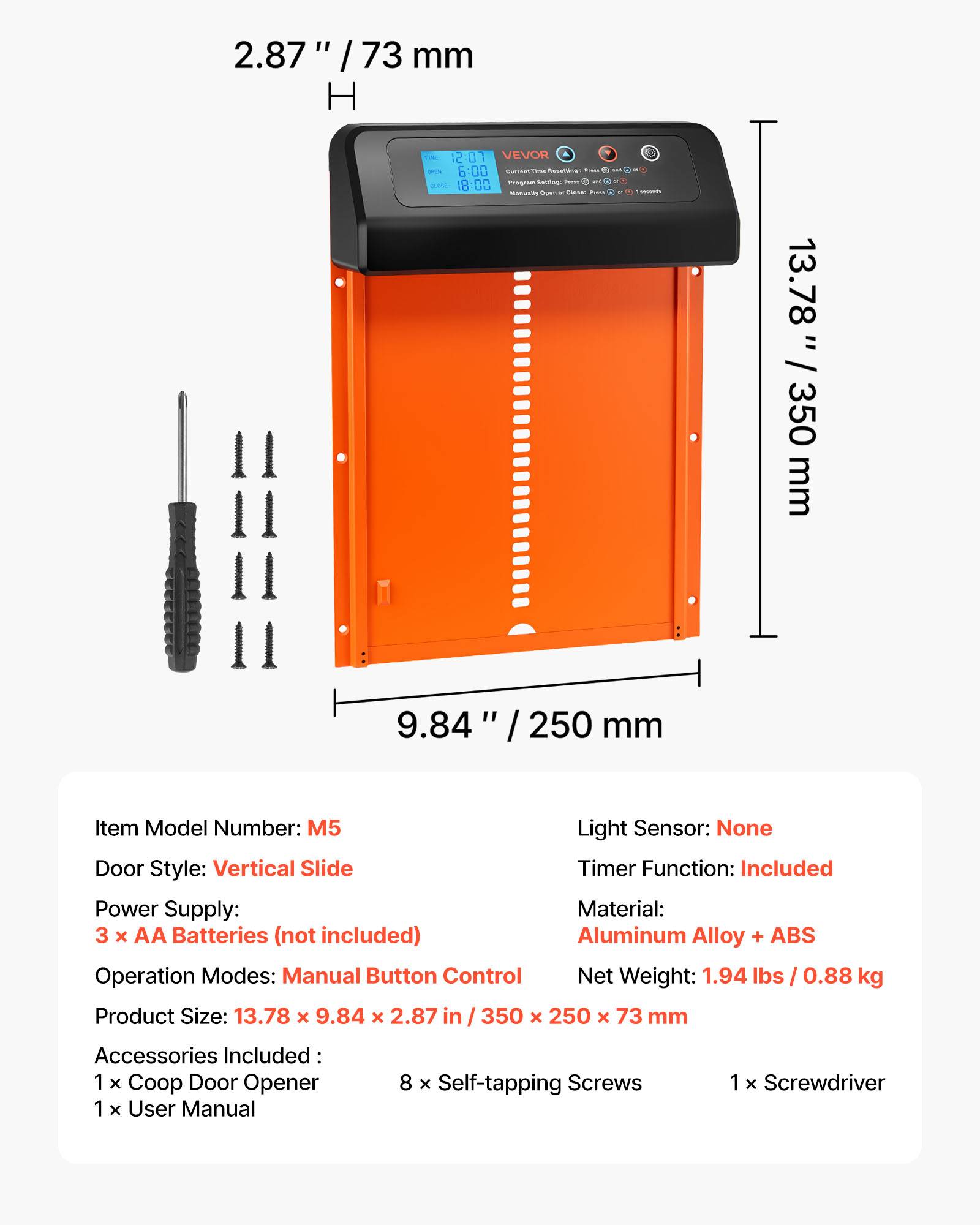 Vevor - VEVOR Porte poulailler automatique, 2 modes minuterie et manuel, anti-pincement, aluminium+ABS, alimentée par piles AA, étanche, orange - Image 6