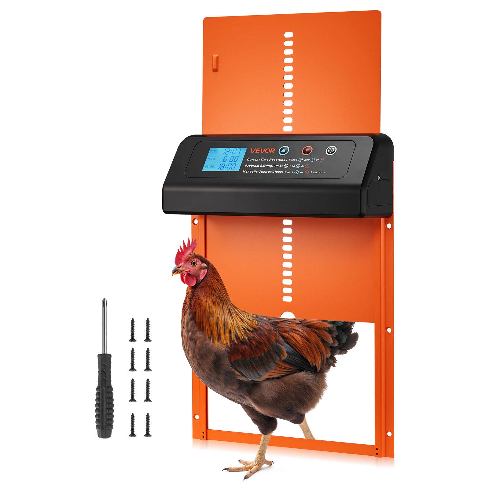 Vevor - VEVOR Porte poulailler automatique, 2 modes minuterie et manuel, anti-pincement, aluminium+ABS, alimentée par piles AA, étanche, orange - Image 1