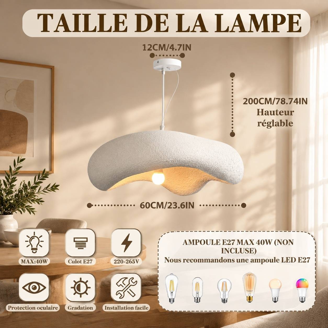 Suspension Lustre Wabi Sabi Forme Nuage Style Nordique Dimmable - Image 5