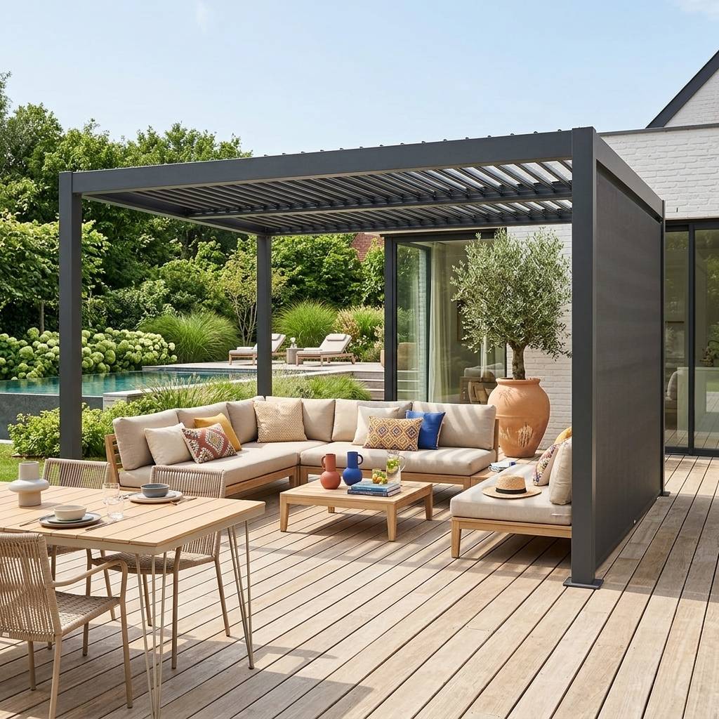 sweeek - Pergola bioclimatique aluminium et acier 4x3m + auvent 3m anthracite Palace | sweeek - Image 1