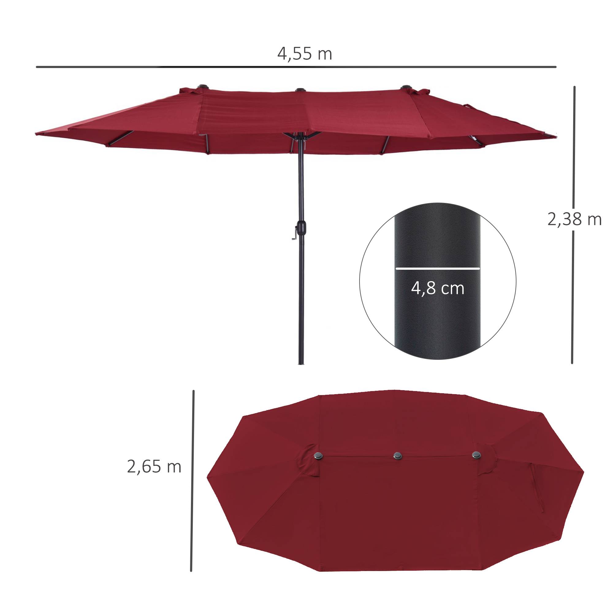 Parasol de jardin parasol double rectangulaire 4,6x2,7x2,4m - toile 180 g/m² Acier Bordeaux fr140 - Image 5