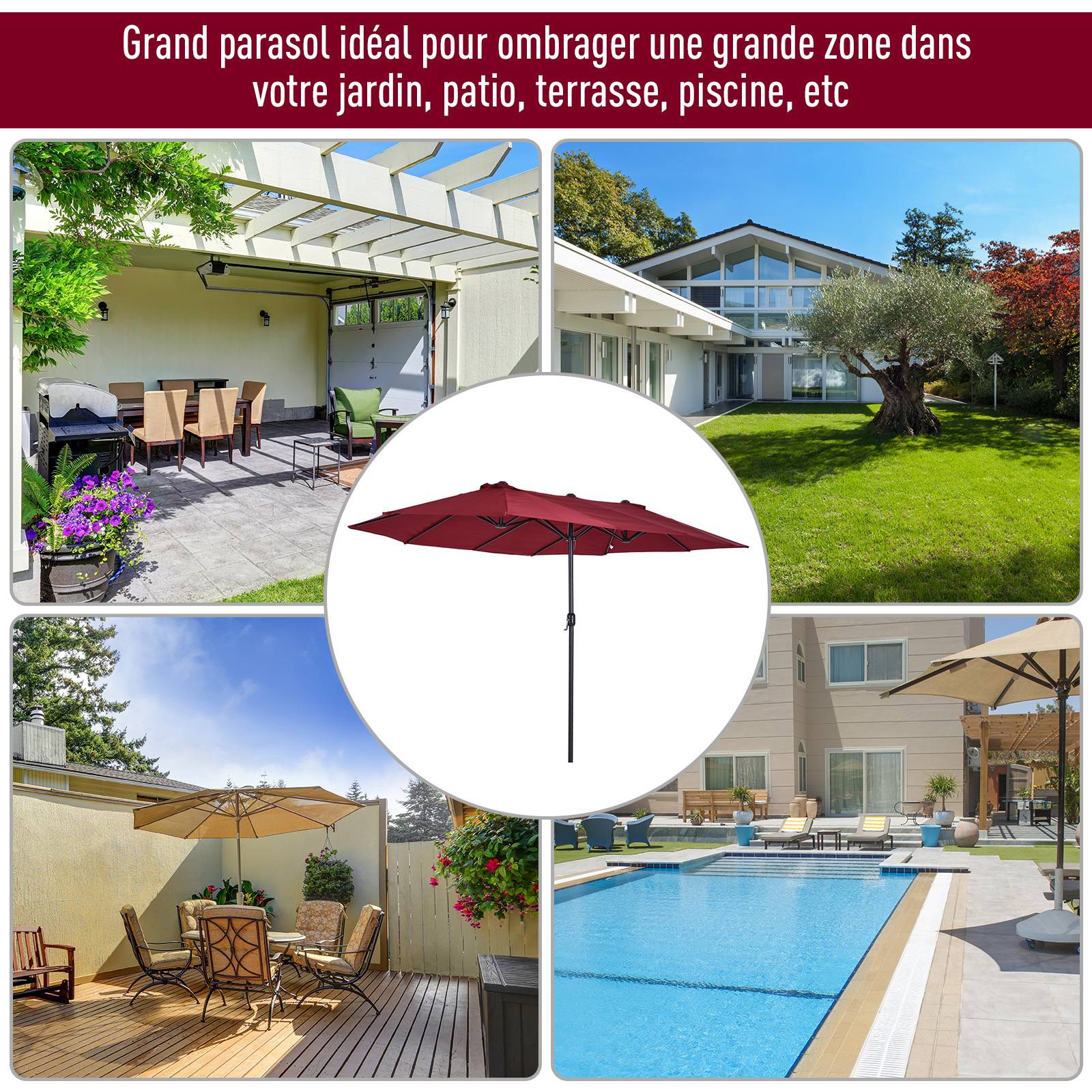 Parasol de jardin parasol double rectangulaire 4,6x2,7x2,4m - toile 180 g/m² Acier Bordeaux fr140 - Image 6