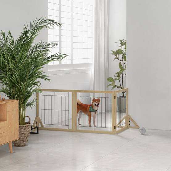 Clôture pour animaux pliable à 3 panneaux avec pliage bidirectionnel et pieds de support triangulaires 210 x 44 x 70 cm Naturel - Image 4