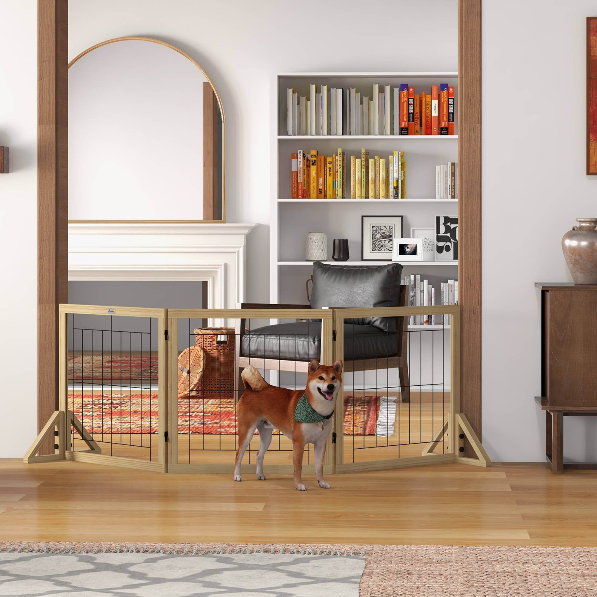 Clôture pour animaux pliable à 3 panneaux avec pliage bidirectionnel et pieds de support triangulaires 210 x 44 x 70 cm Naturel - Image 3