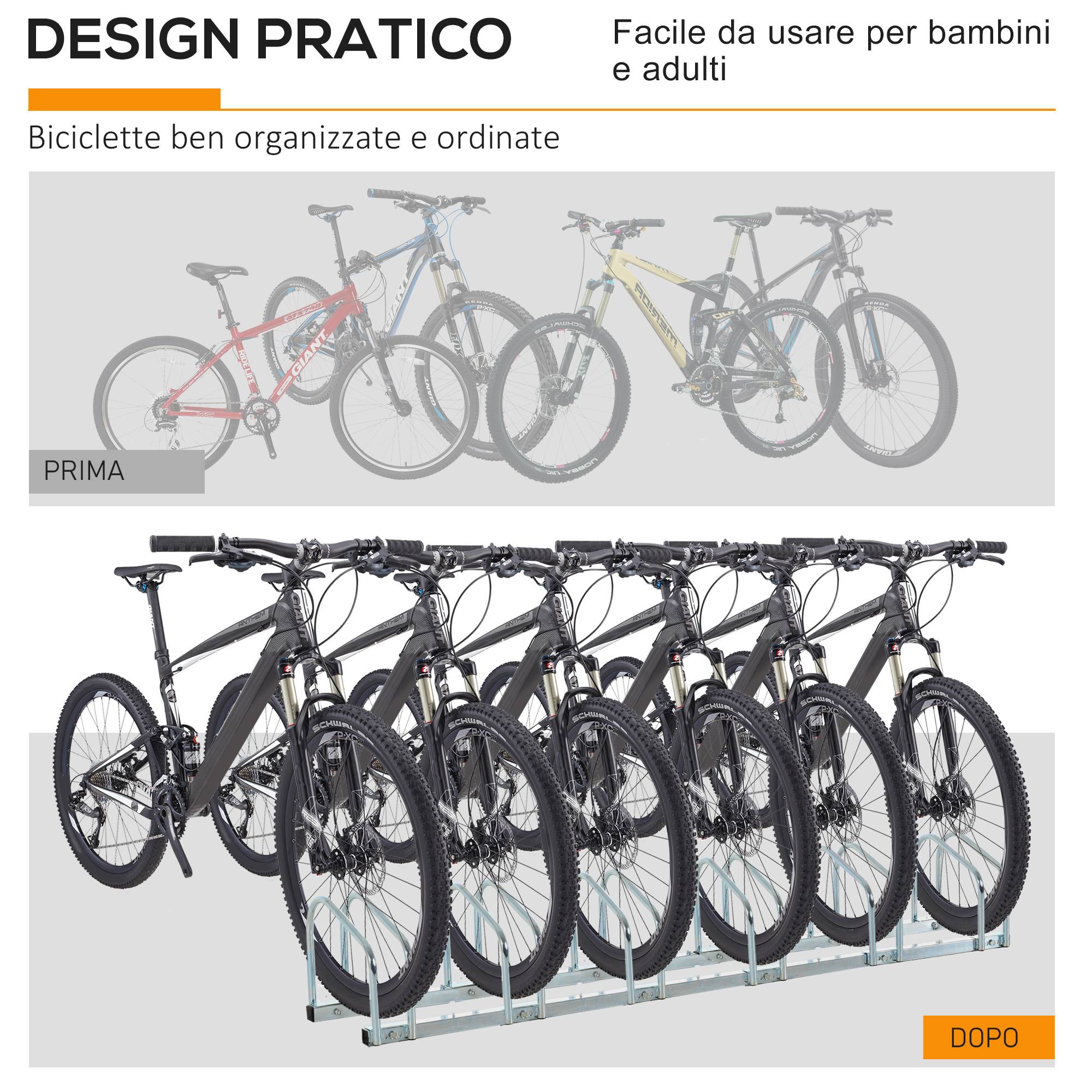 Râtelier porte-vélos de stationnement pour 6 vélos en acier, 179x33x27 cm, argenté - Image 9