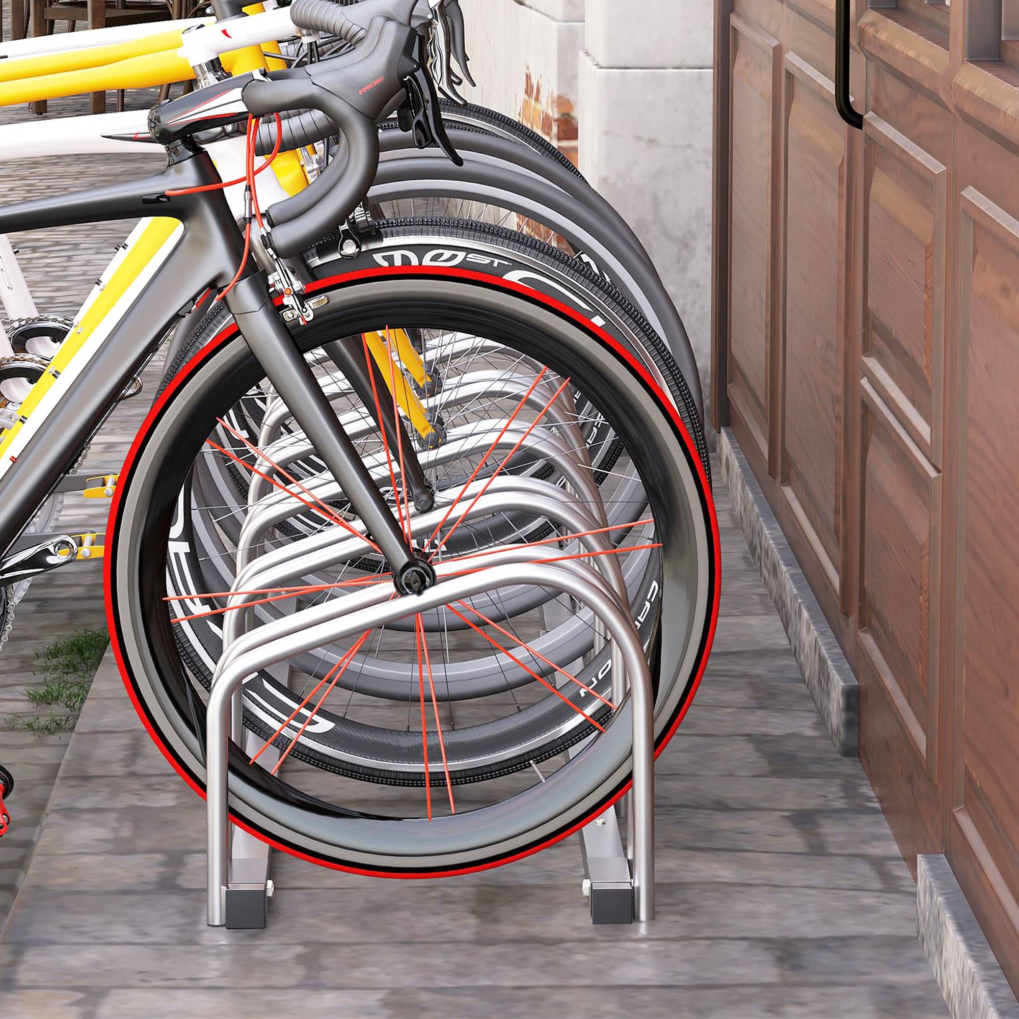 Râtelier porte-vélos de stationnement pour 6 vélos en acier, 179x33x27 cm, argenté - Image 3
