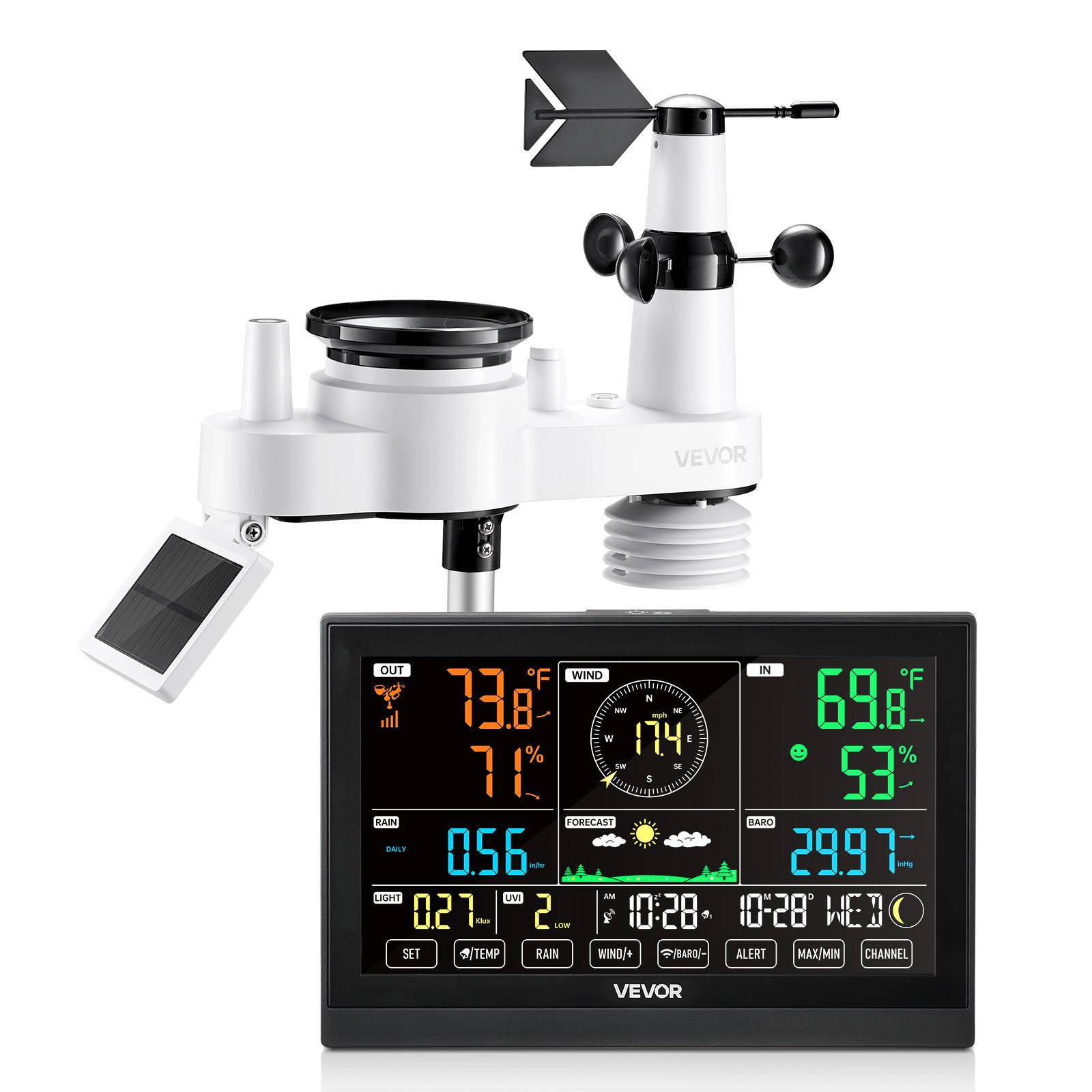 VEVOR Station Météo Sans Fil Solaire 7 en 1 Capteur Extérieur Écran VA 190,5 mm - Image 1