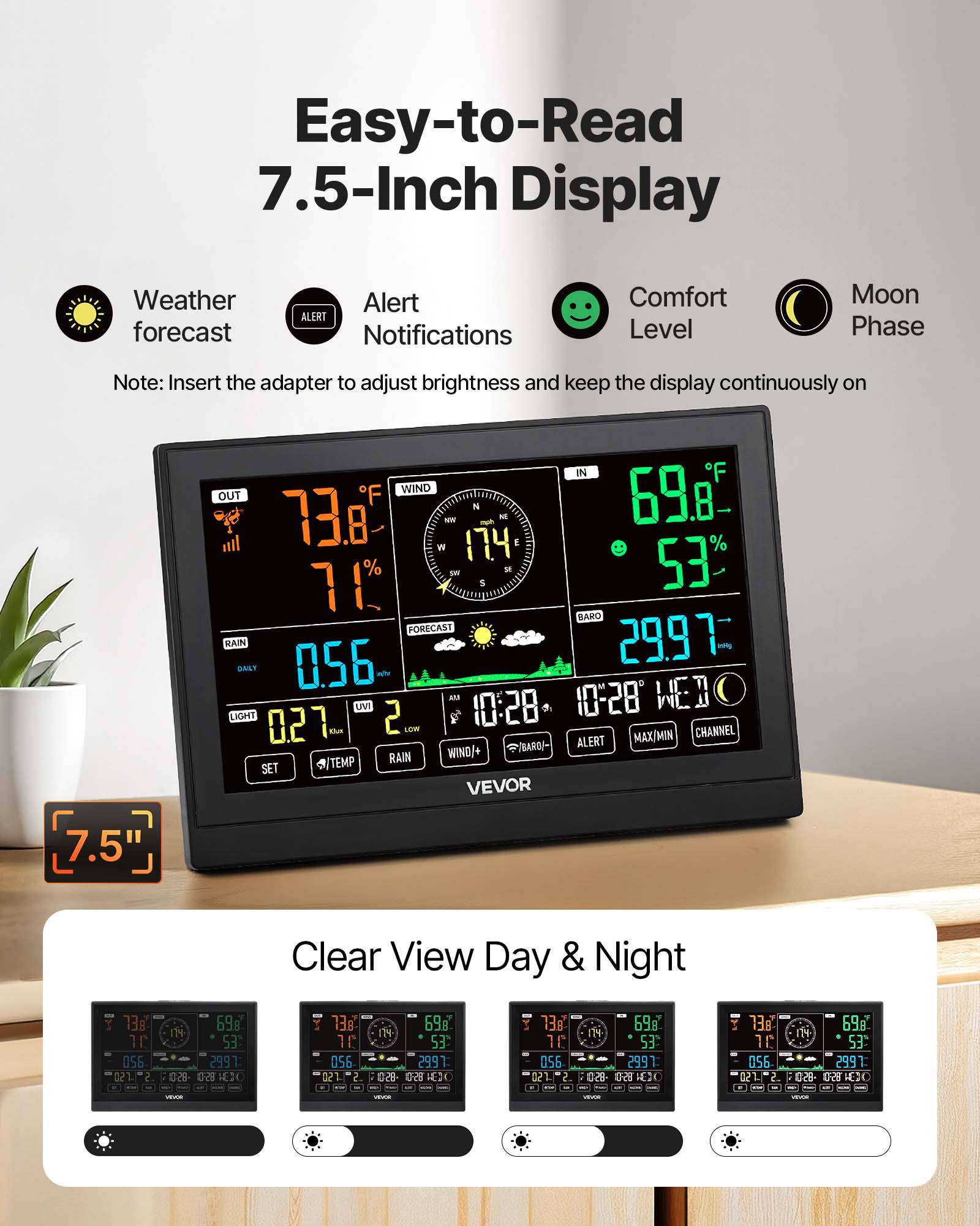 VEVOR Station Météo Sans Fil Solaire 7 en 1 Capteur Extérieur Écran VA 190,5 mm - Image 4
